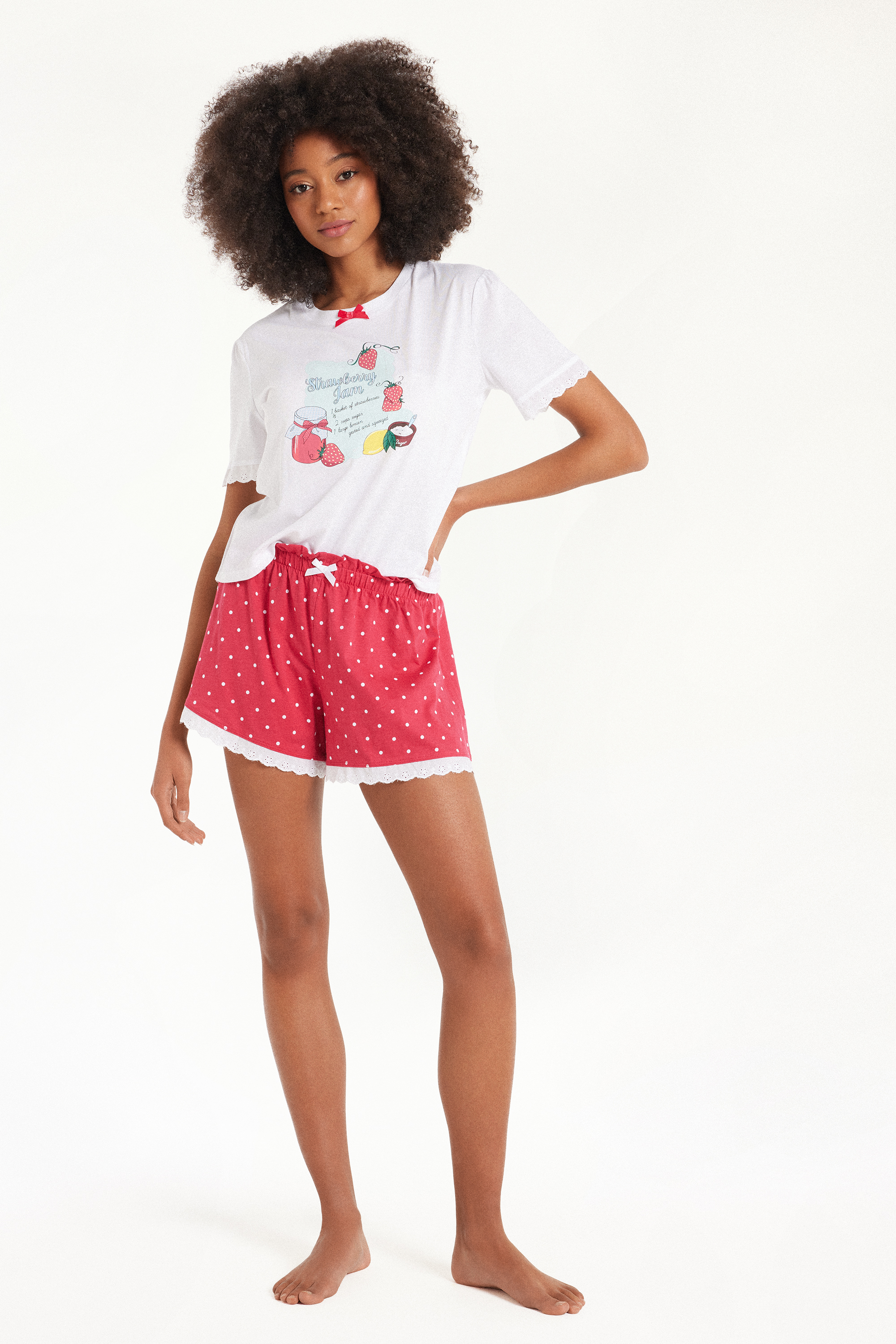 Pijama Corto de Algodón de Media Manga con Estampado de Fresa