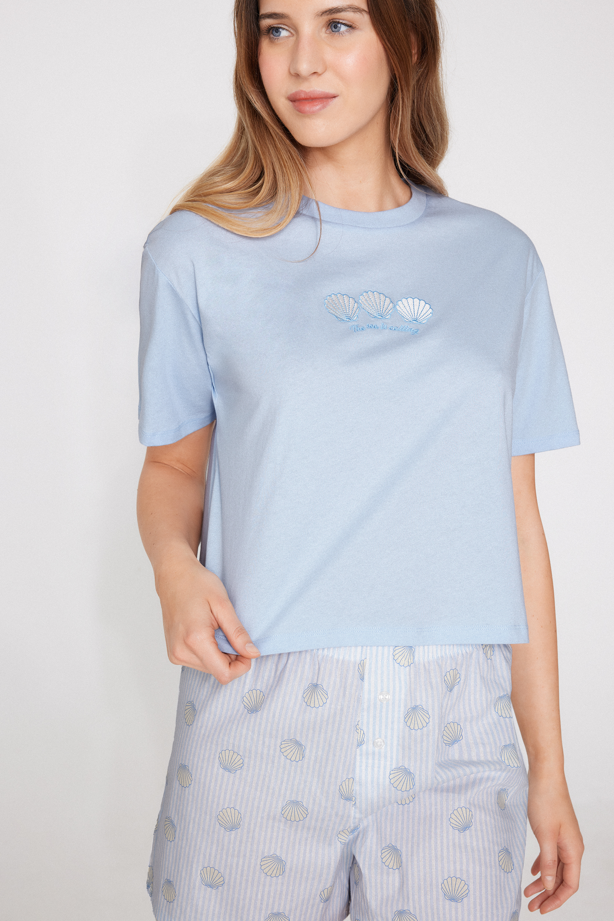 Pyjama Court Coton Broderie Coquillages