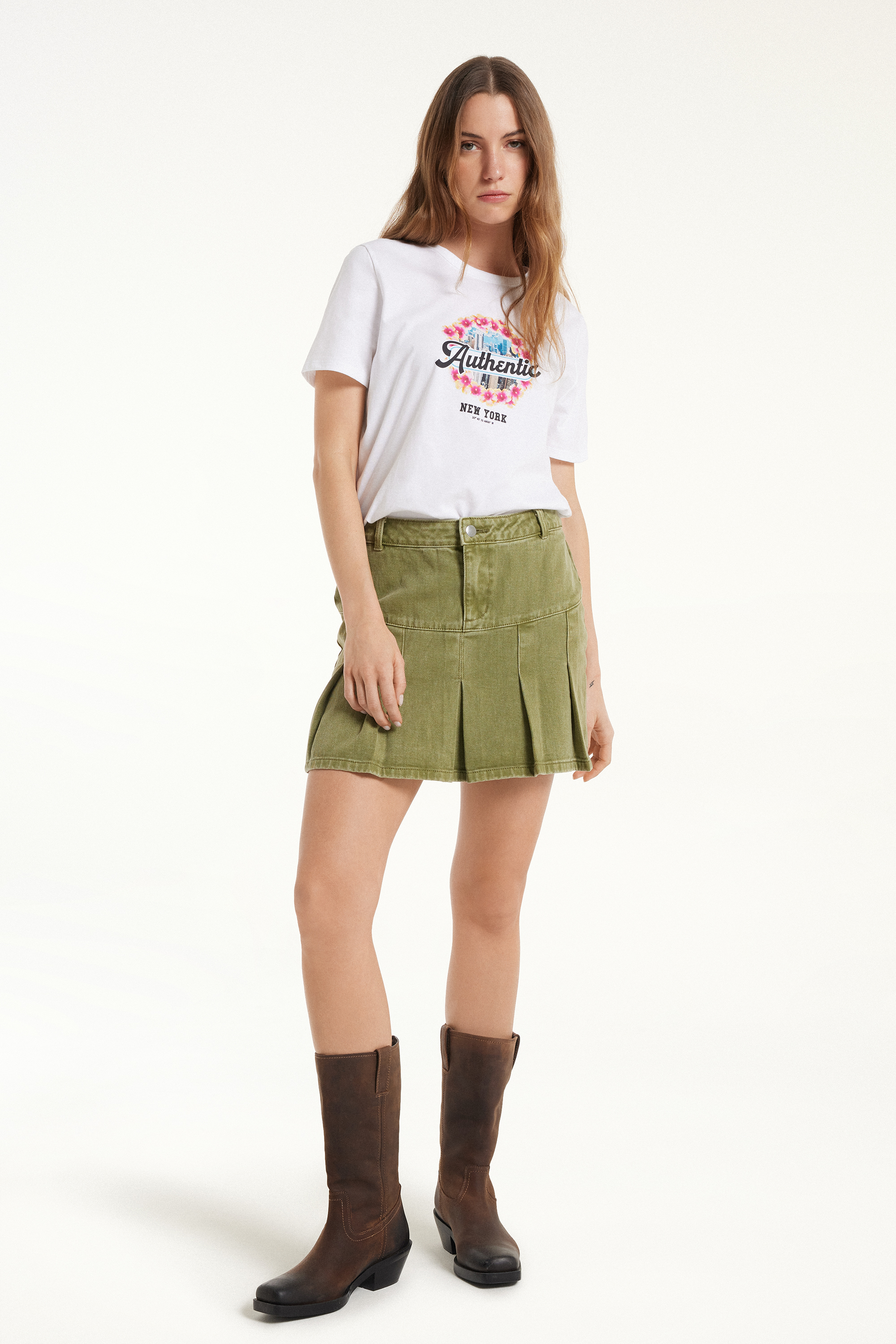 Box Pleat Denim Mini Skirt