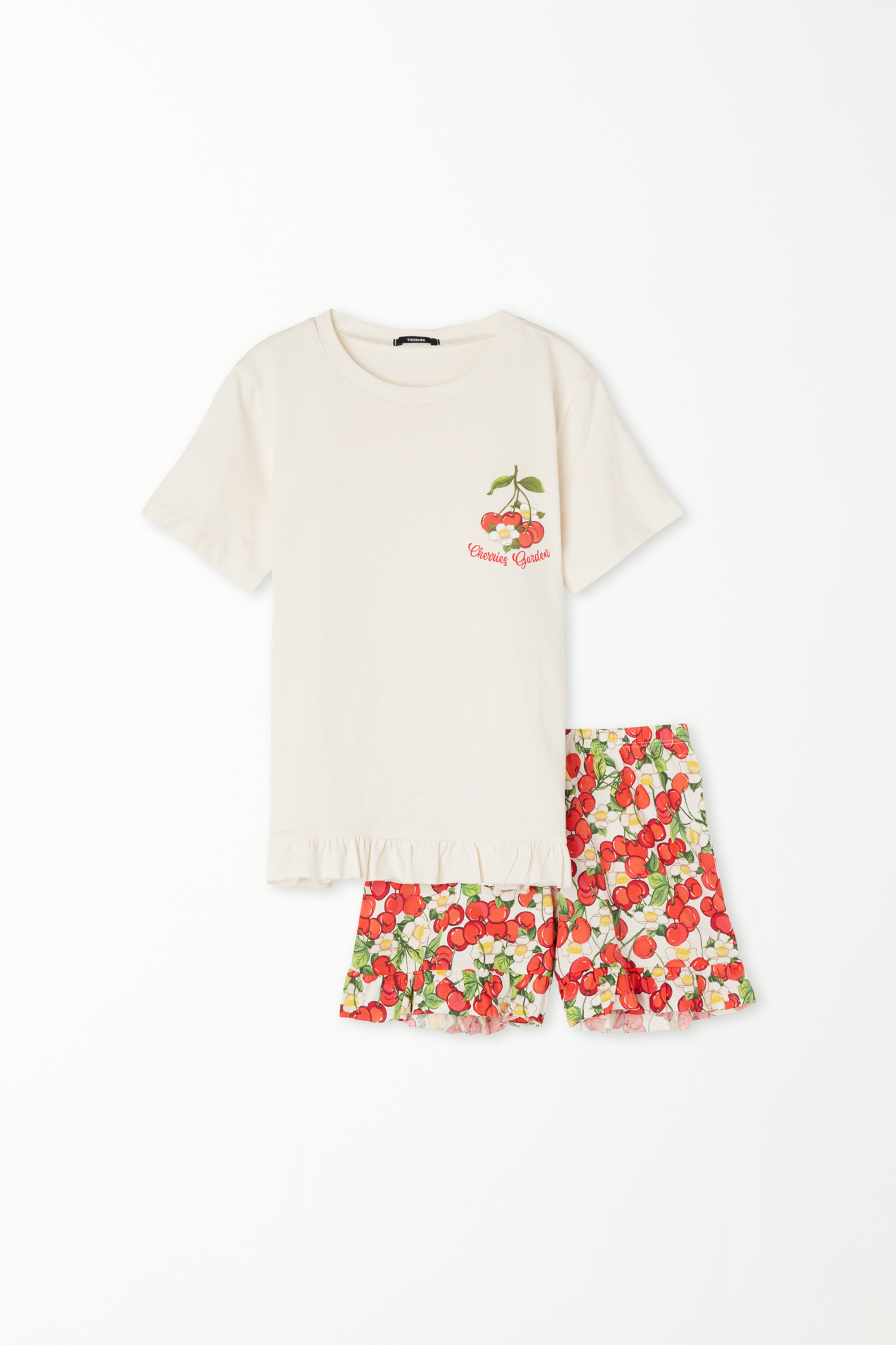 Krátké Dívčí Bavlněné Pyžamo s Polodlouhým Rukávem Potisk Třešně