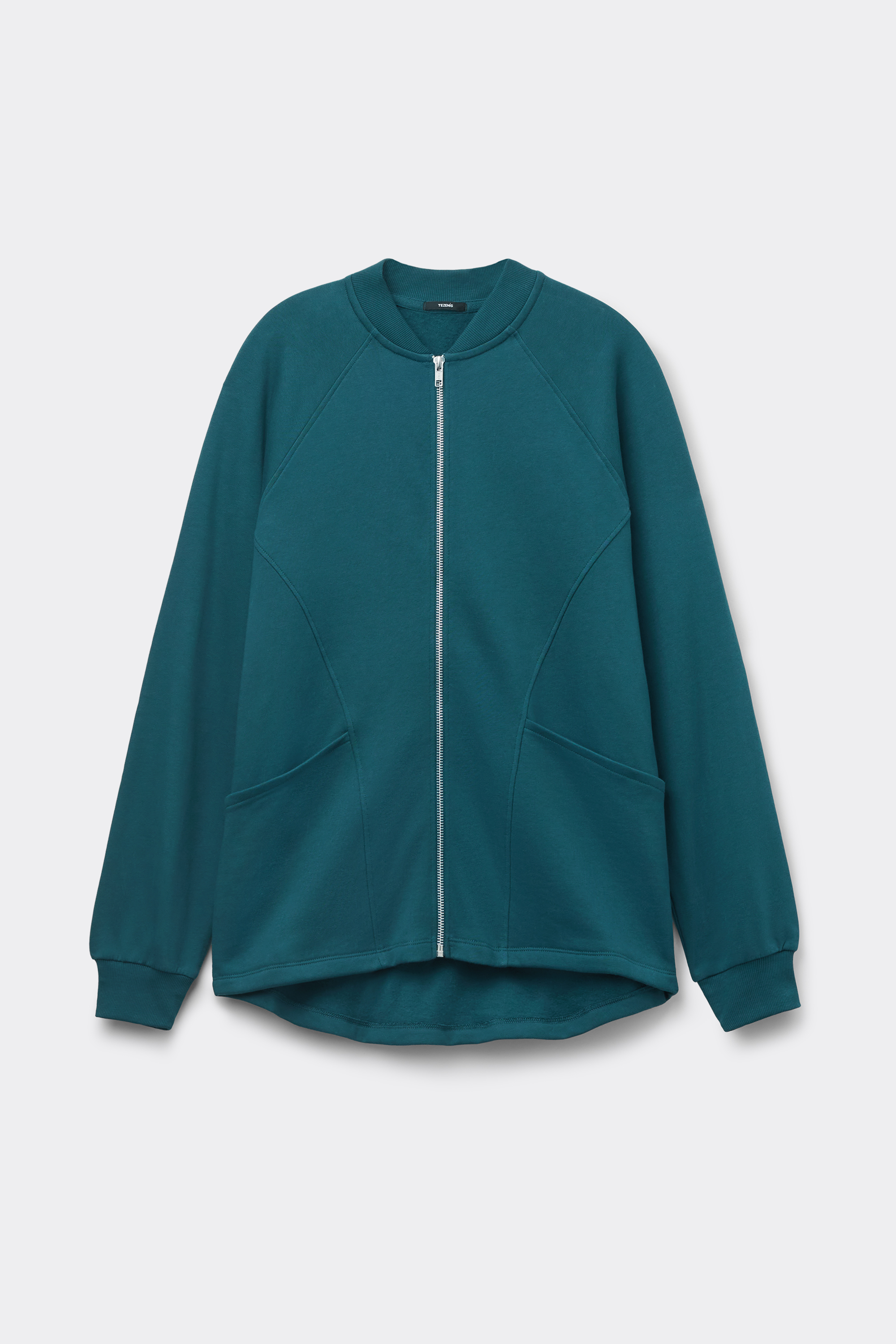 Lange asymmetrische Sweatjacke mit Reißverschluss und Taschen