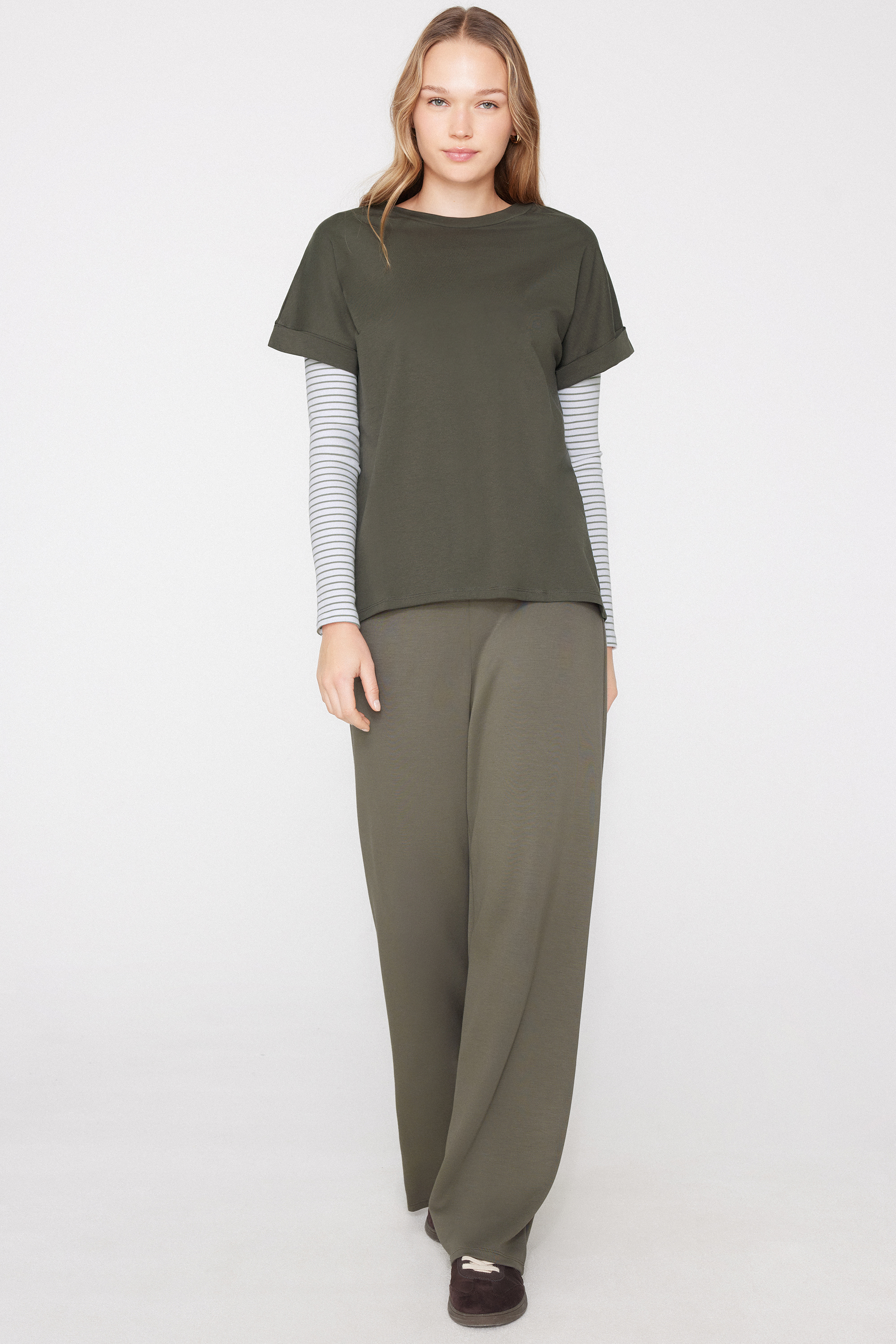 Turned-Up Kimono Sleeve Cotton T-Shirt