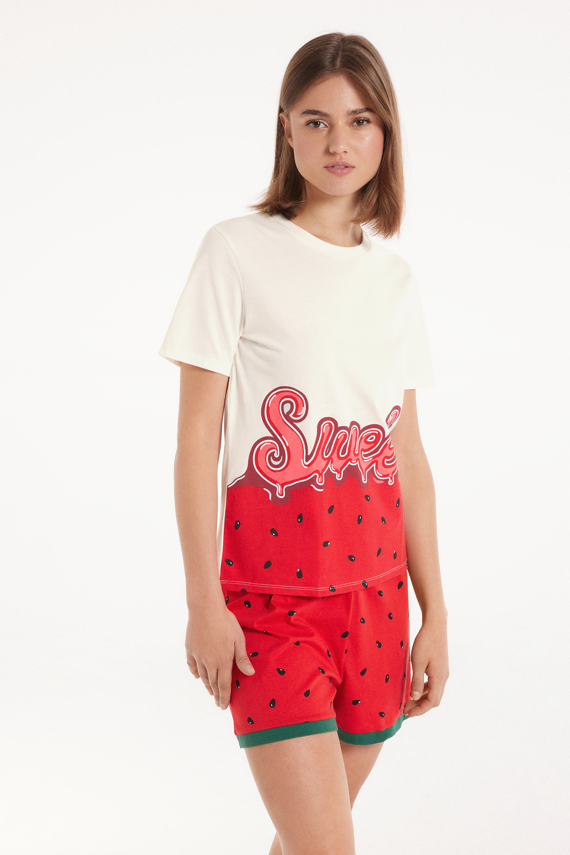 Kurzer Pyjama aus Baumwolle mit kurzen Ärmeln und Wassermelonenprint