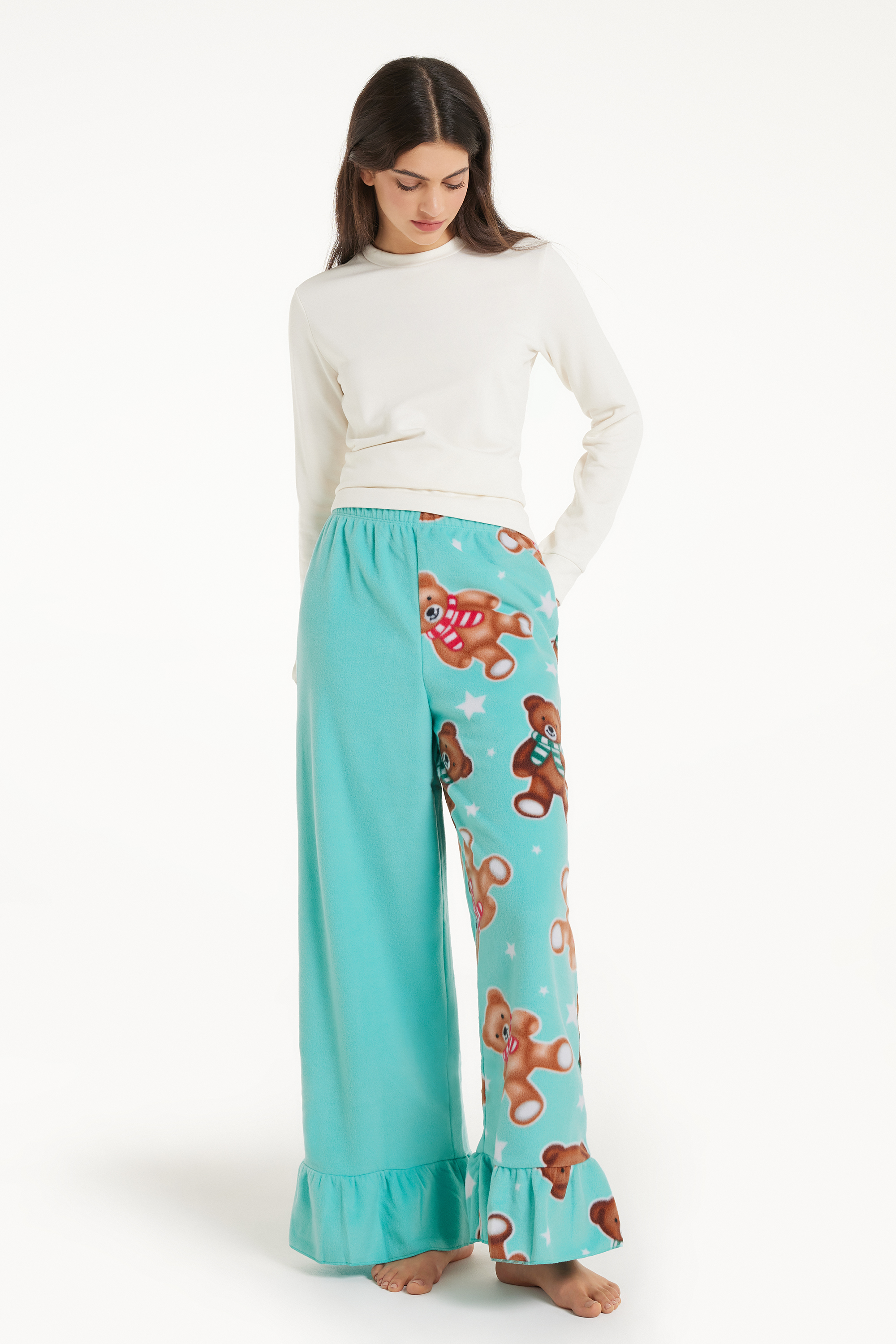 Pantaloni Lunghi in Pile con Ruches