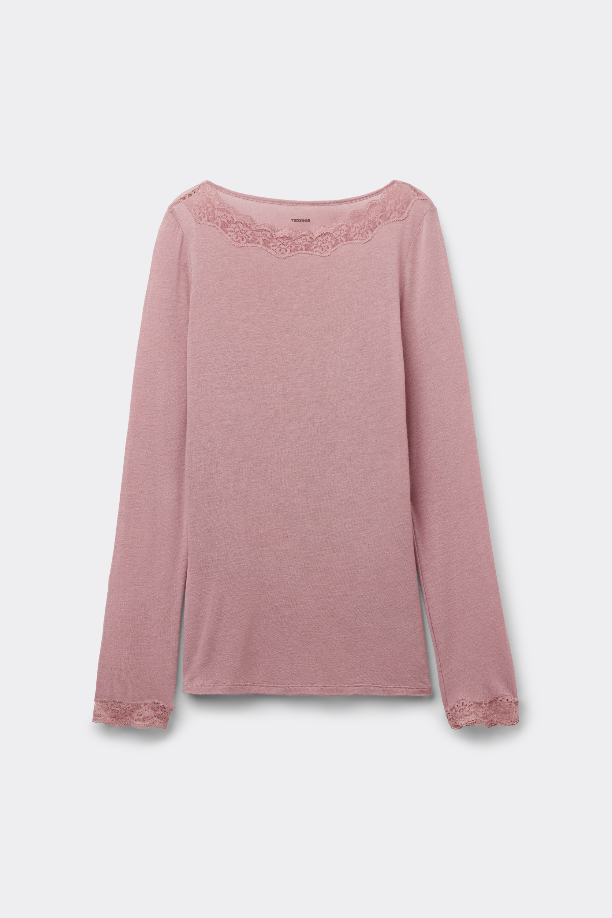 Langarm-Shirt mit U-Boot-Ausschnitt aus Spitze/Merinowolle