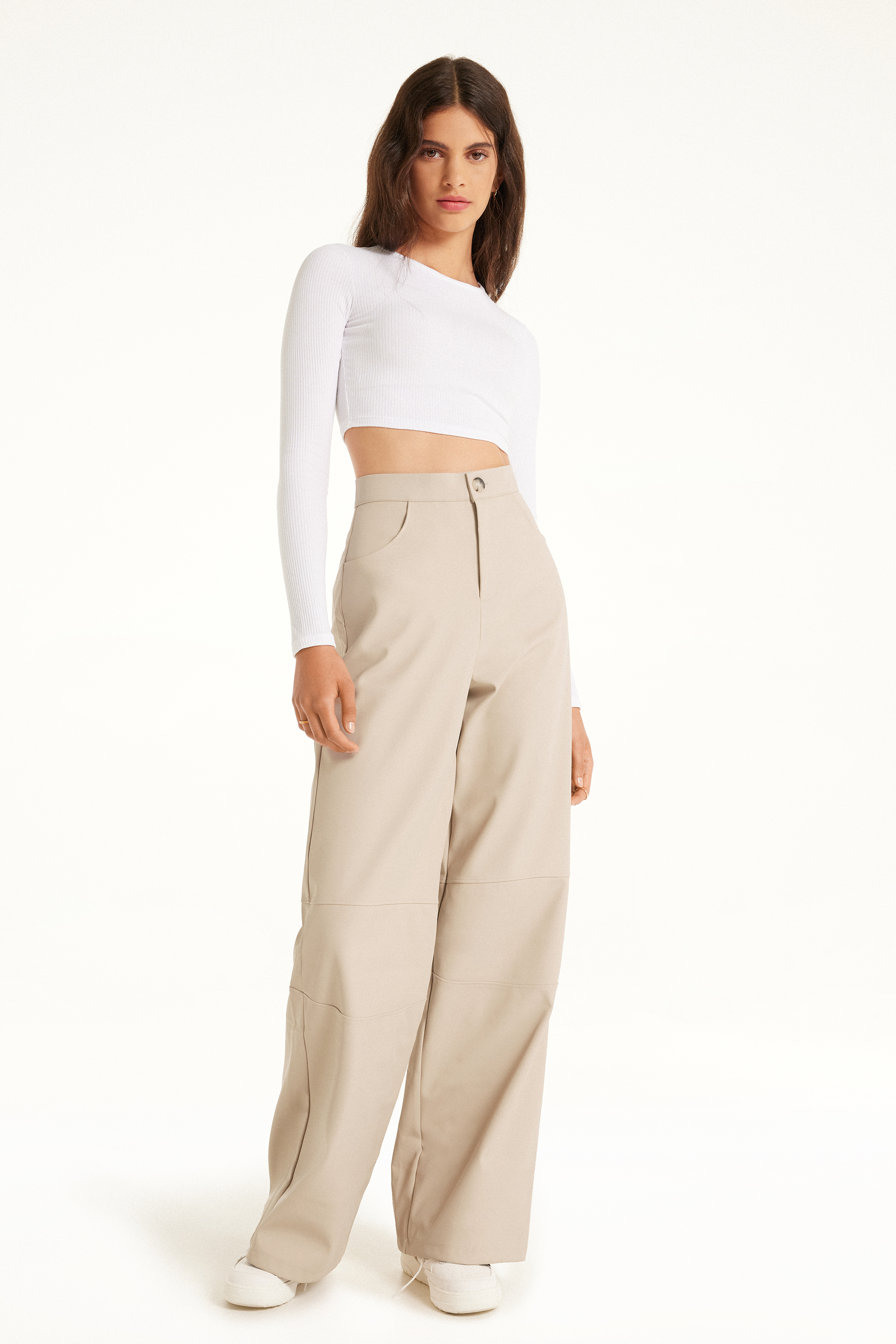 Pantalon Palazzo Effet Enduit Opaque avec Coutures