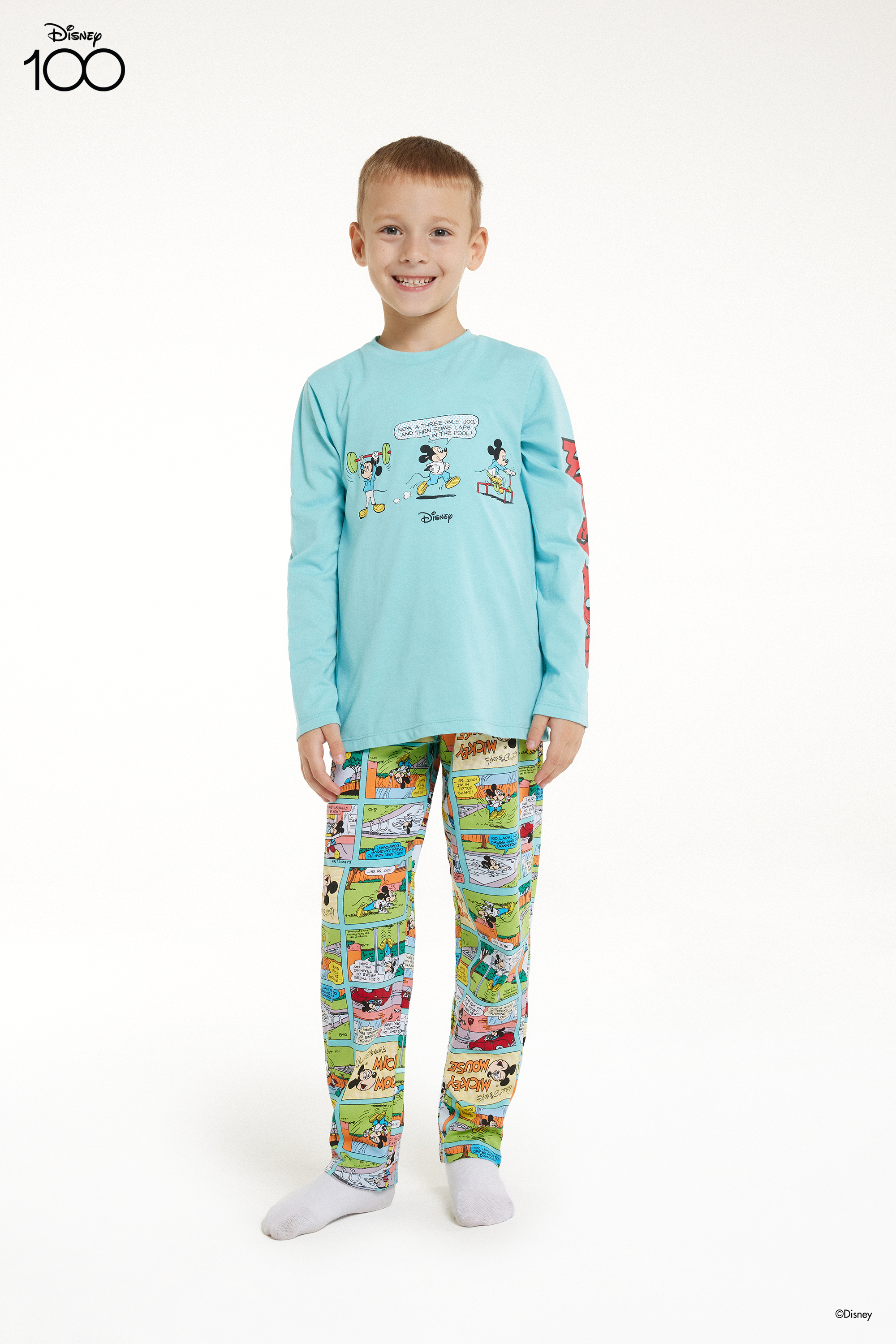 Langer Pyjama für Jungen aus Baumwolle mit Disney 100-Print