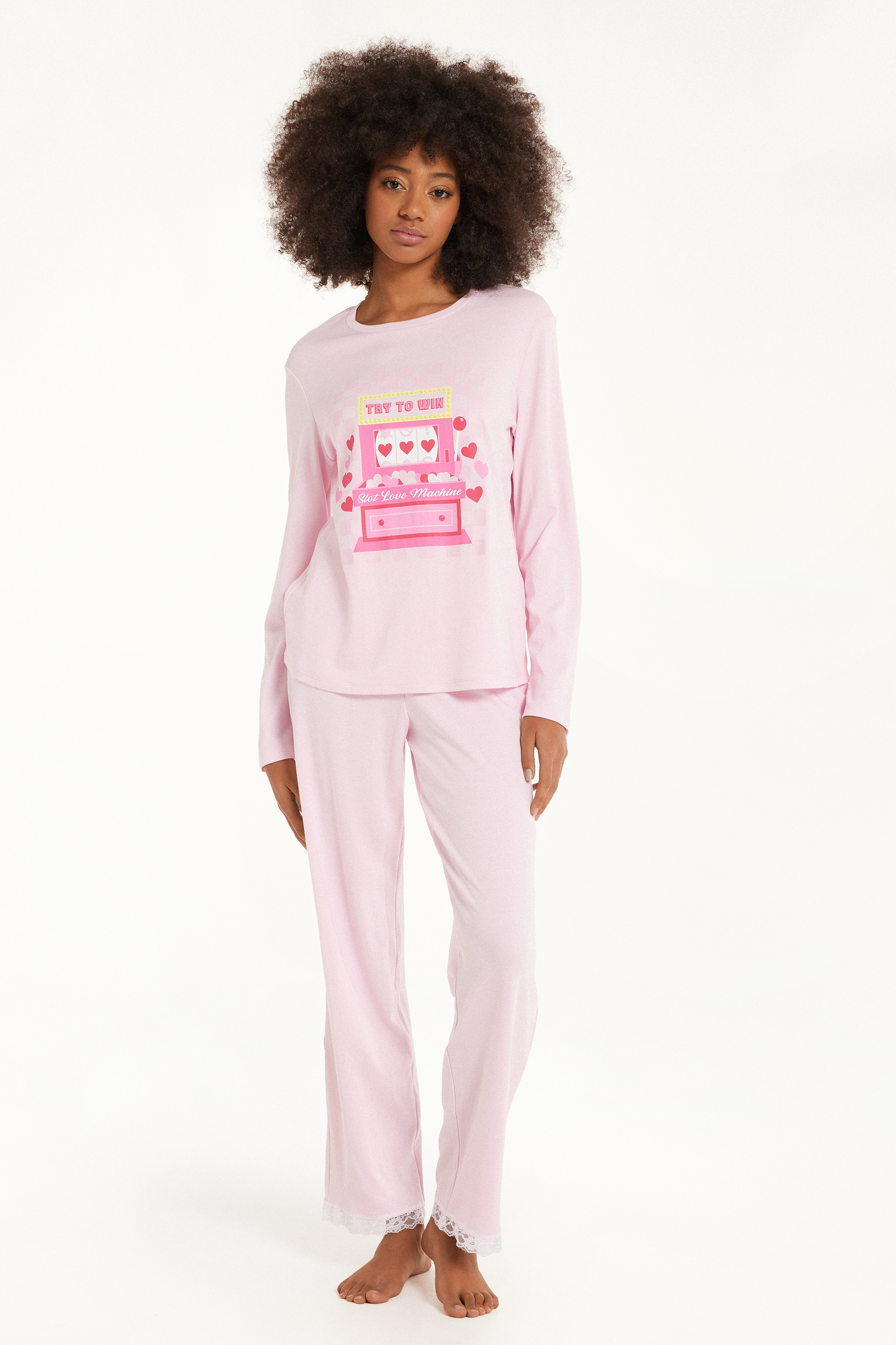 Pijama Lungă din Bumbac Gros cu Danteluță Imprimeu Love Machine