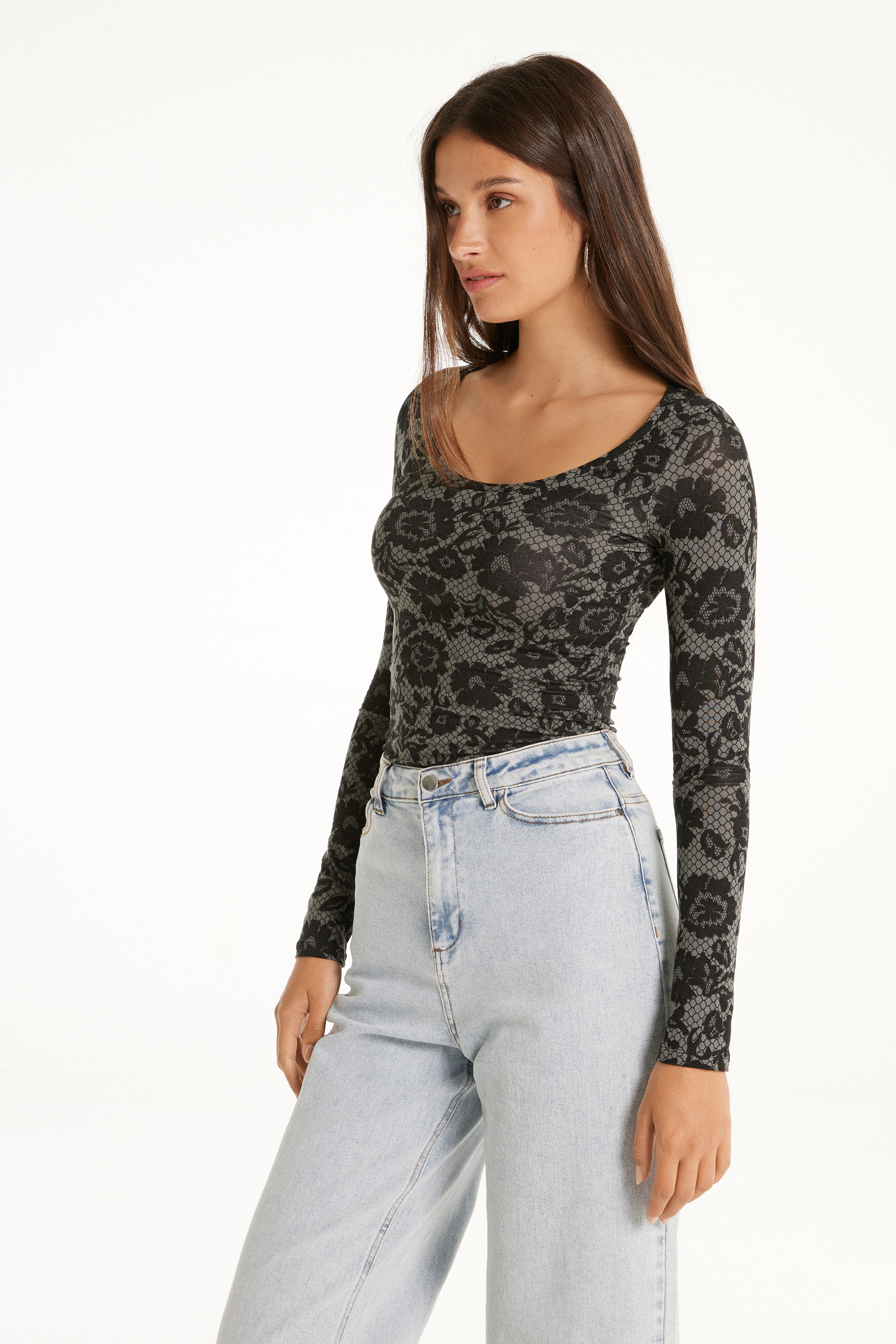 Wide Neck Long Sleeve Top in Printed Viscose