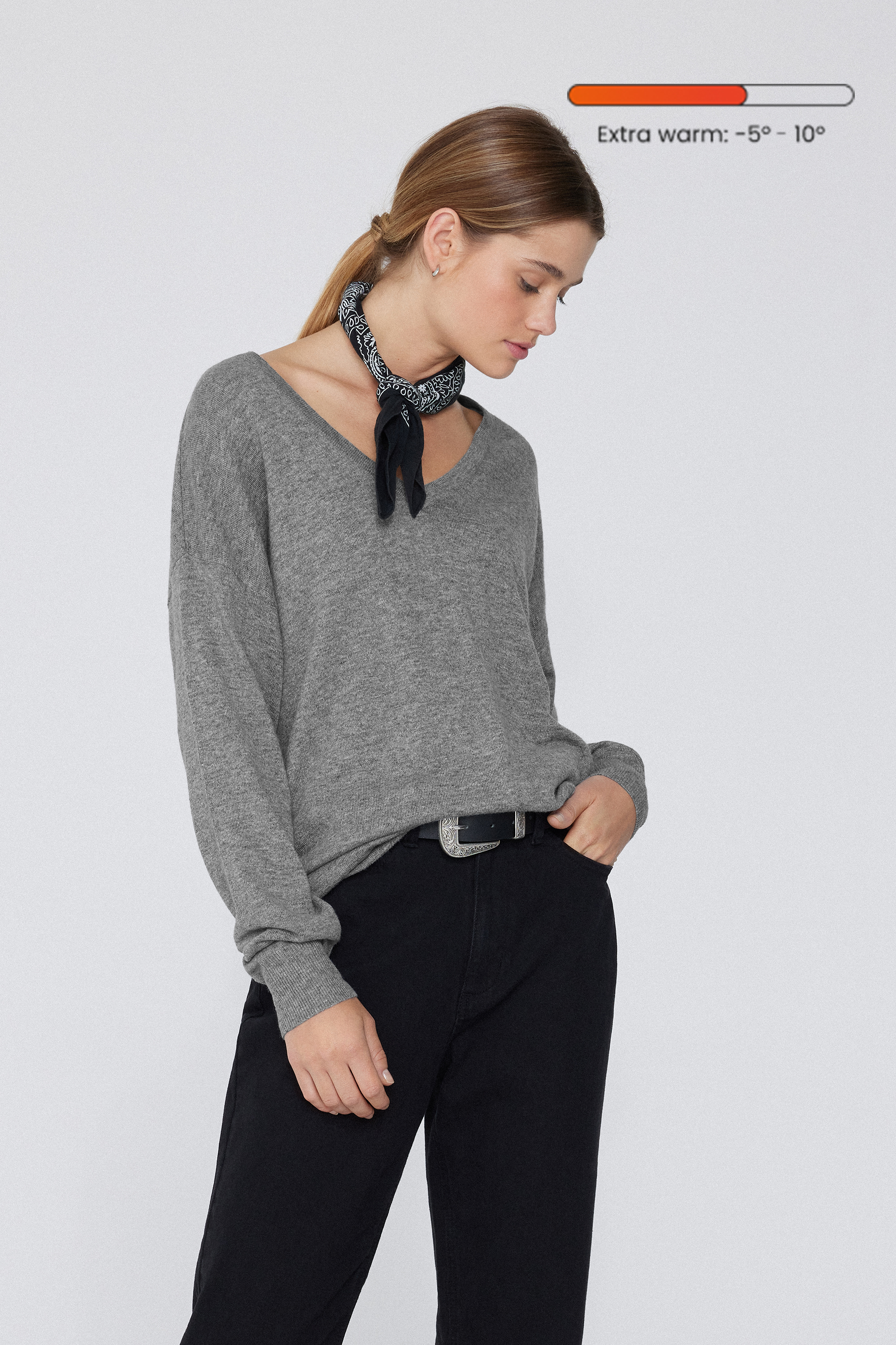 Long-Sleeved V-Neck Heavy Jersey with Wool