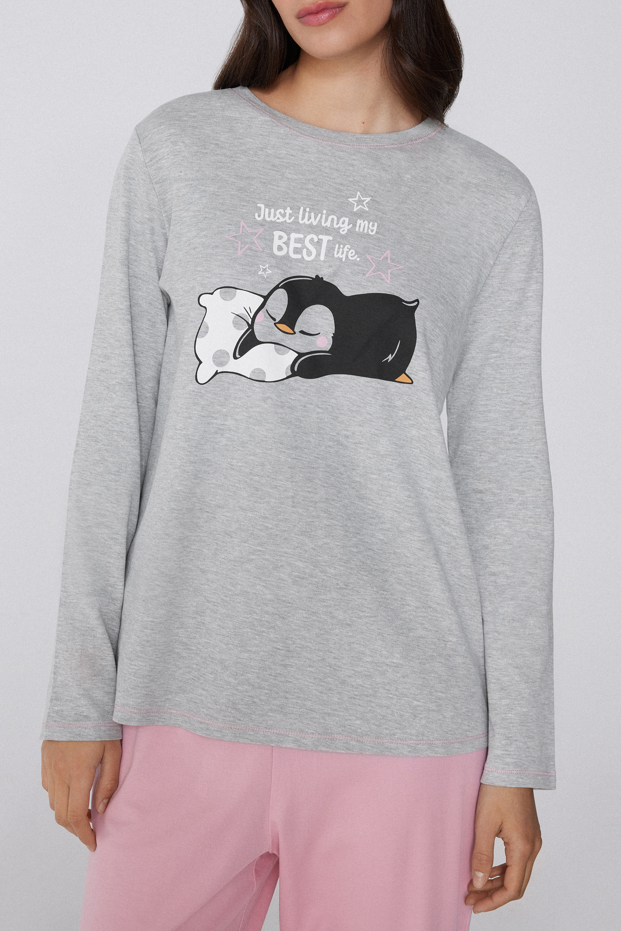 Pigiama Lungo Donna ENJOYNIGHT In Cotone | Grigio Con Stampa Pinguino | Vita Elastica E Tasche Laterali | Taglie Fino A XXL