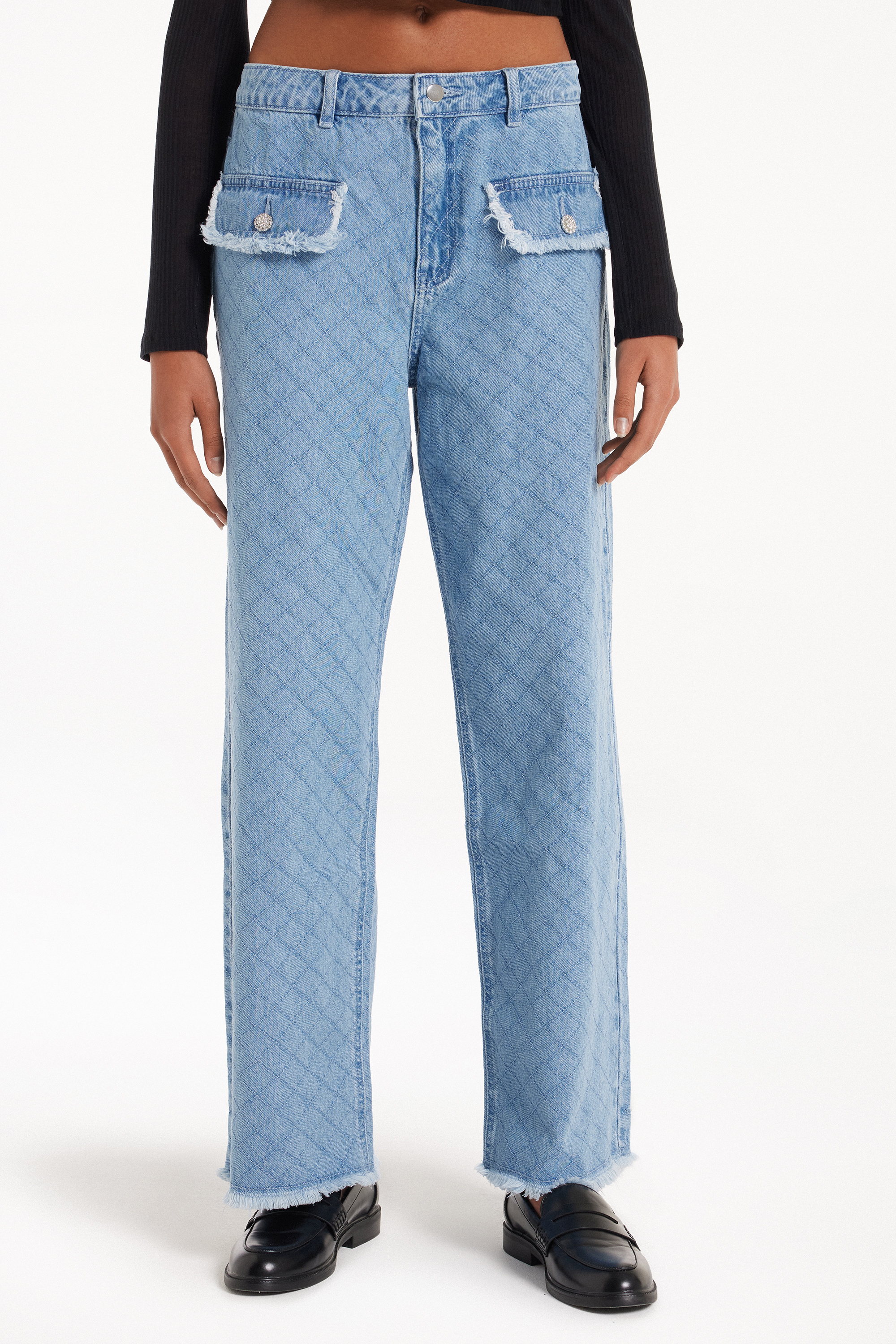 Matelassé Effect Full Length Wide Leg Denim Jeans