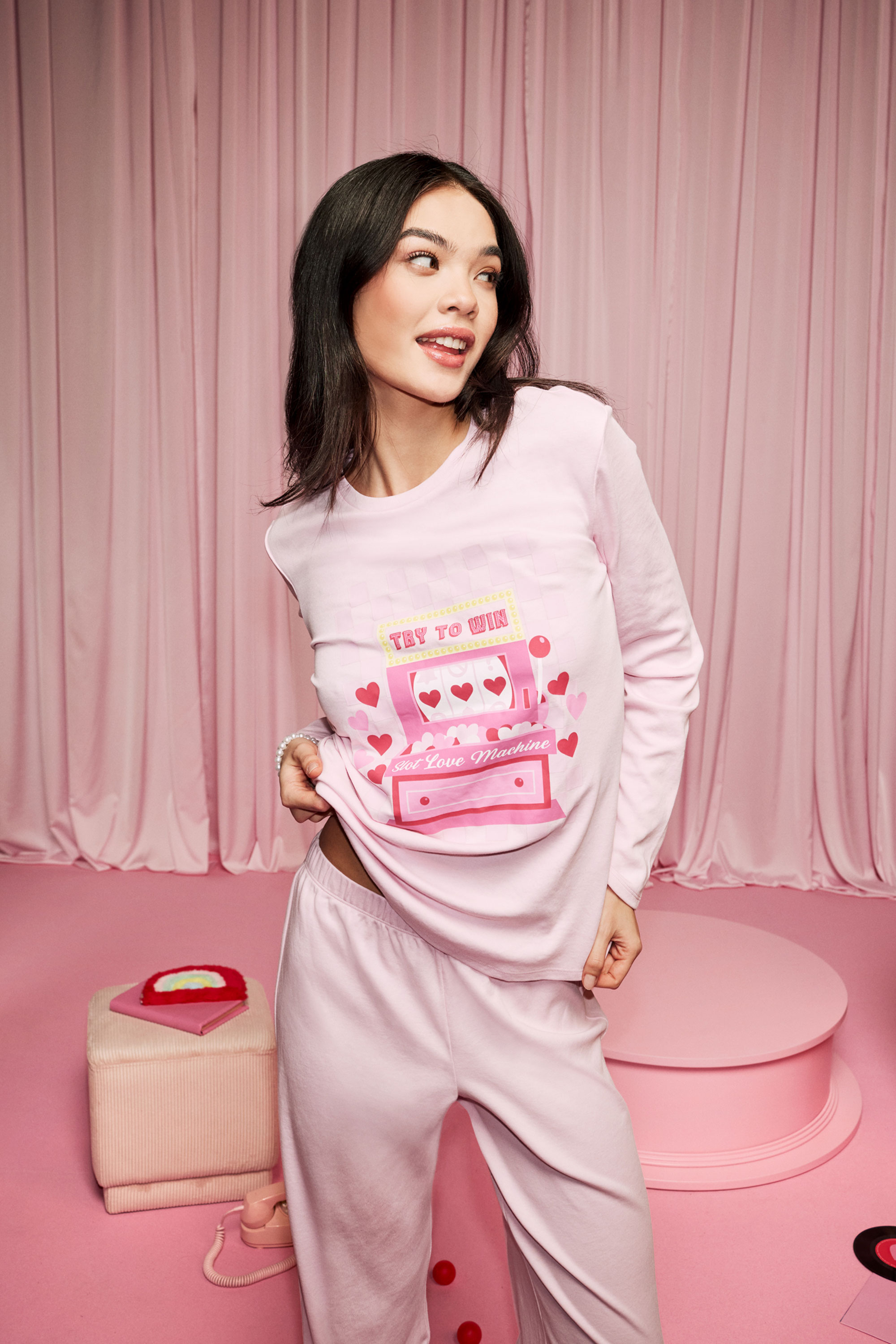 Long Heavy Cotton Pyjamas with Frill and Love Machine Print