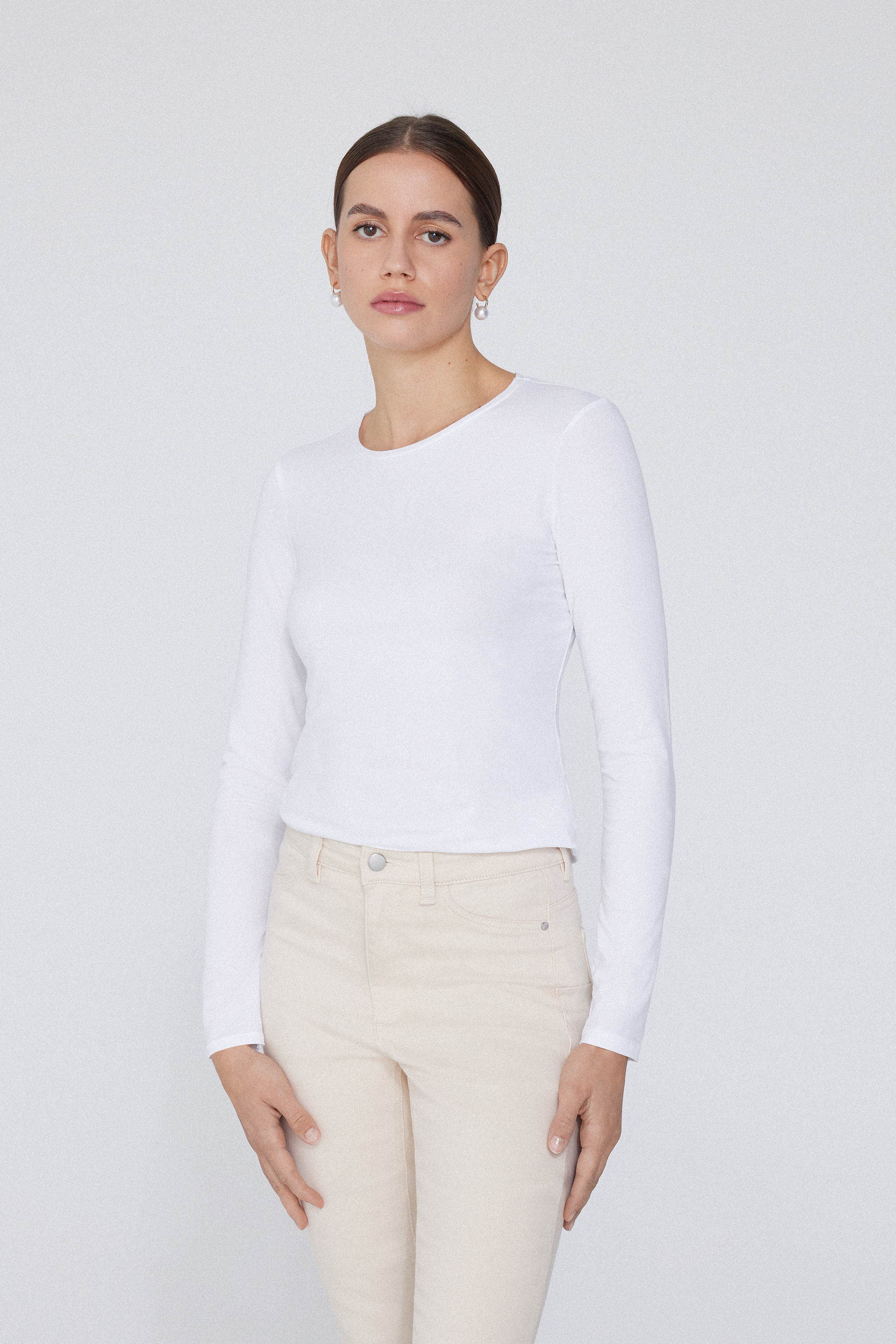 Long-Sleeve Crew-Neck Stretch-Cotton Top