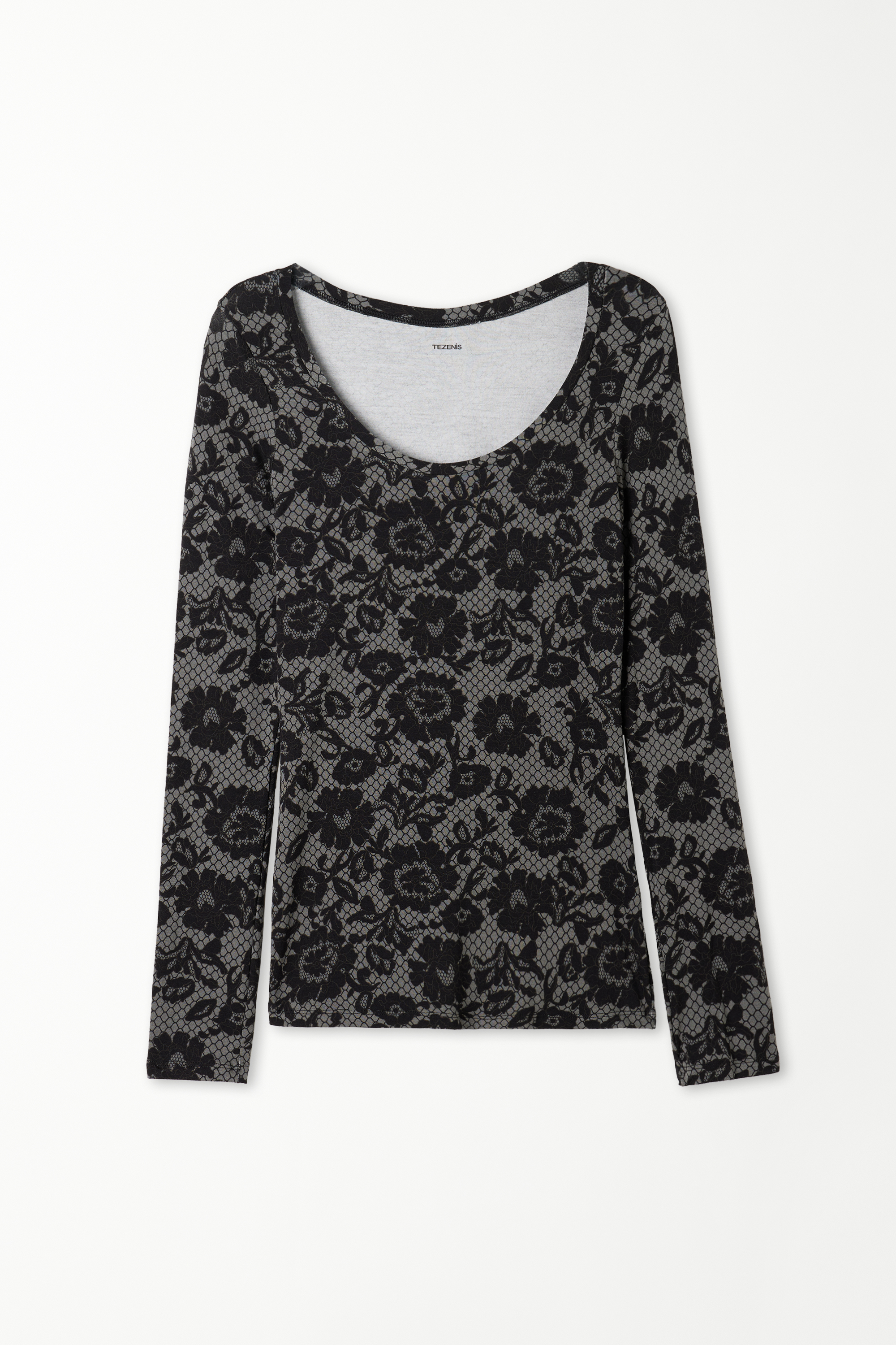 Long-Sleeved Shirt with Wide-Neck and Printed Viscose