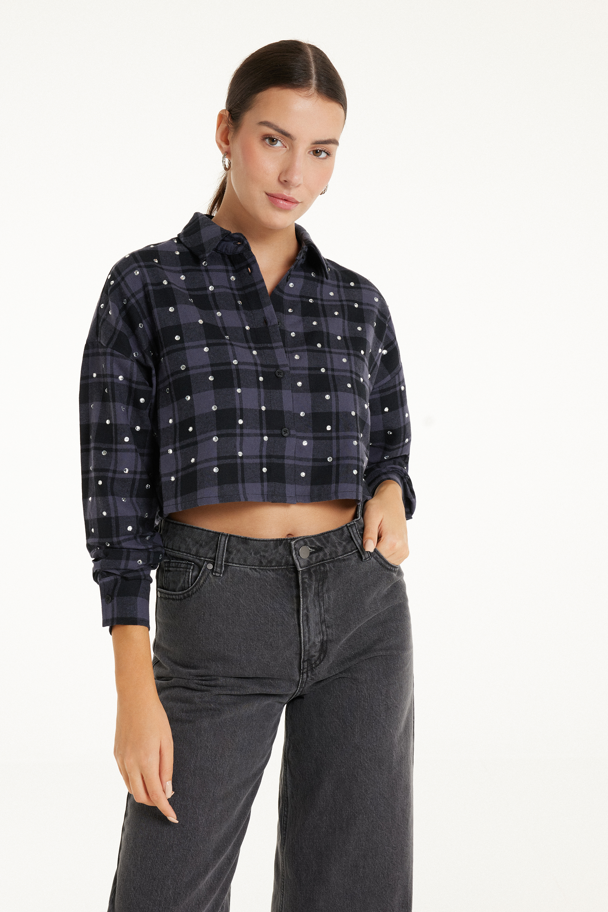 Long-Sleeved Short Flannel Shirt with Rhinestones