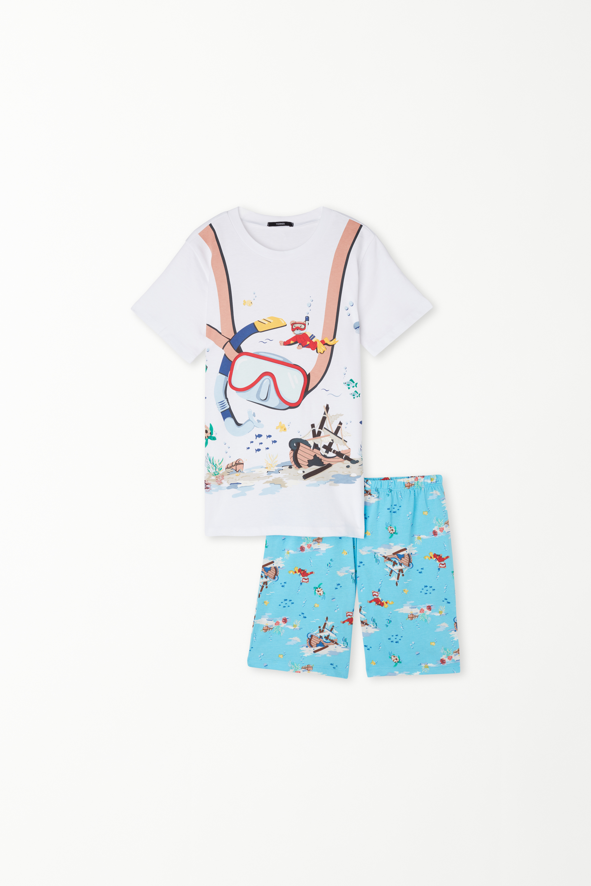 Korte Pyjama van Katoen met Halflange Mouwen en Snorkeling-Print voor Jongens