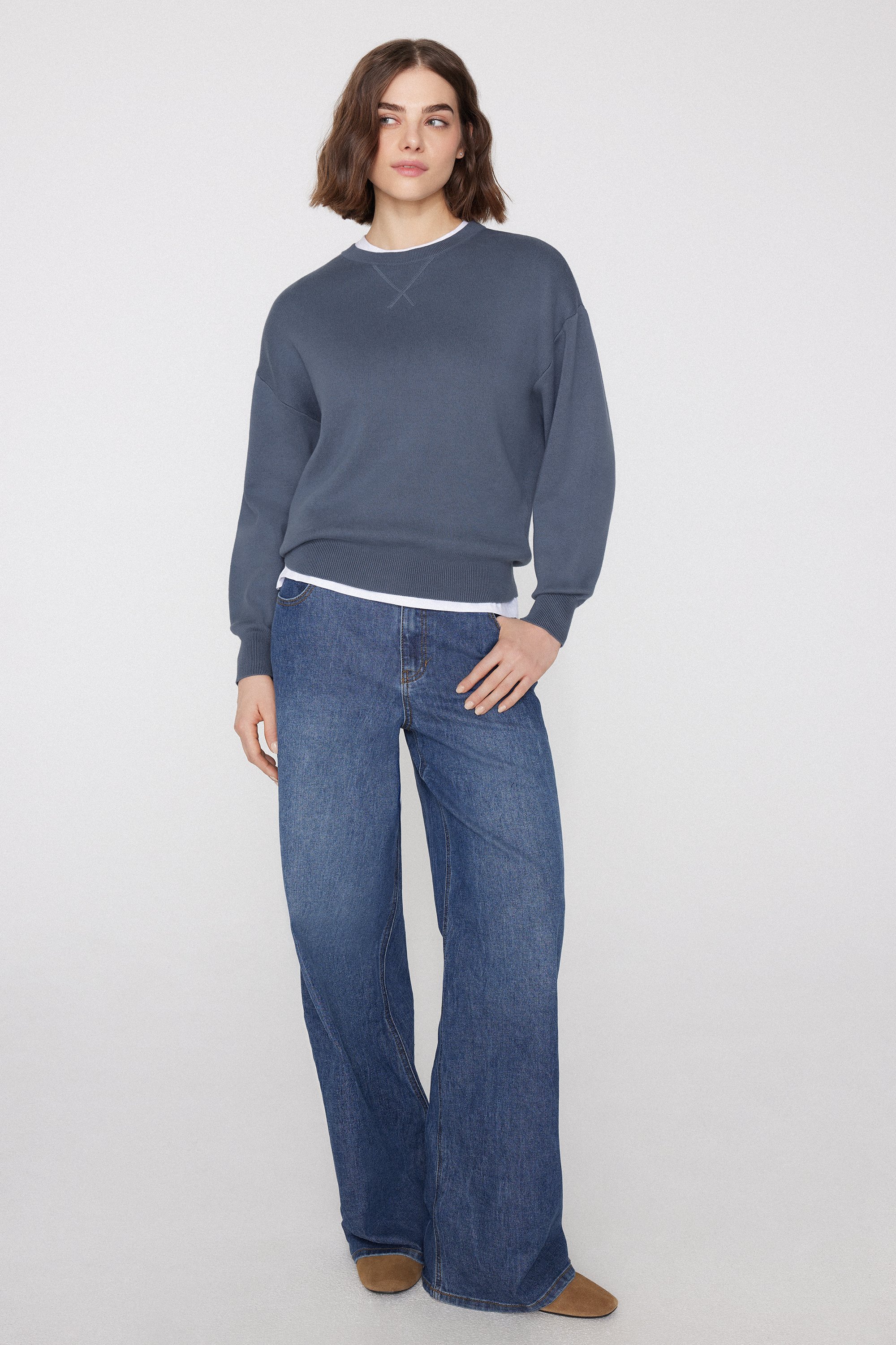 Maglione in Cotone Girocollo in Maglia Calata