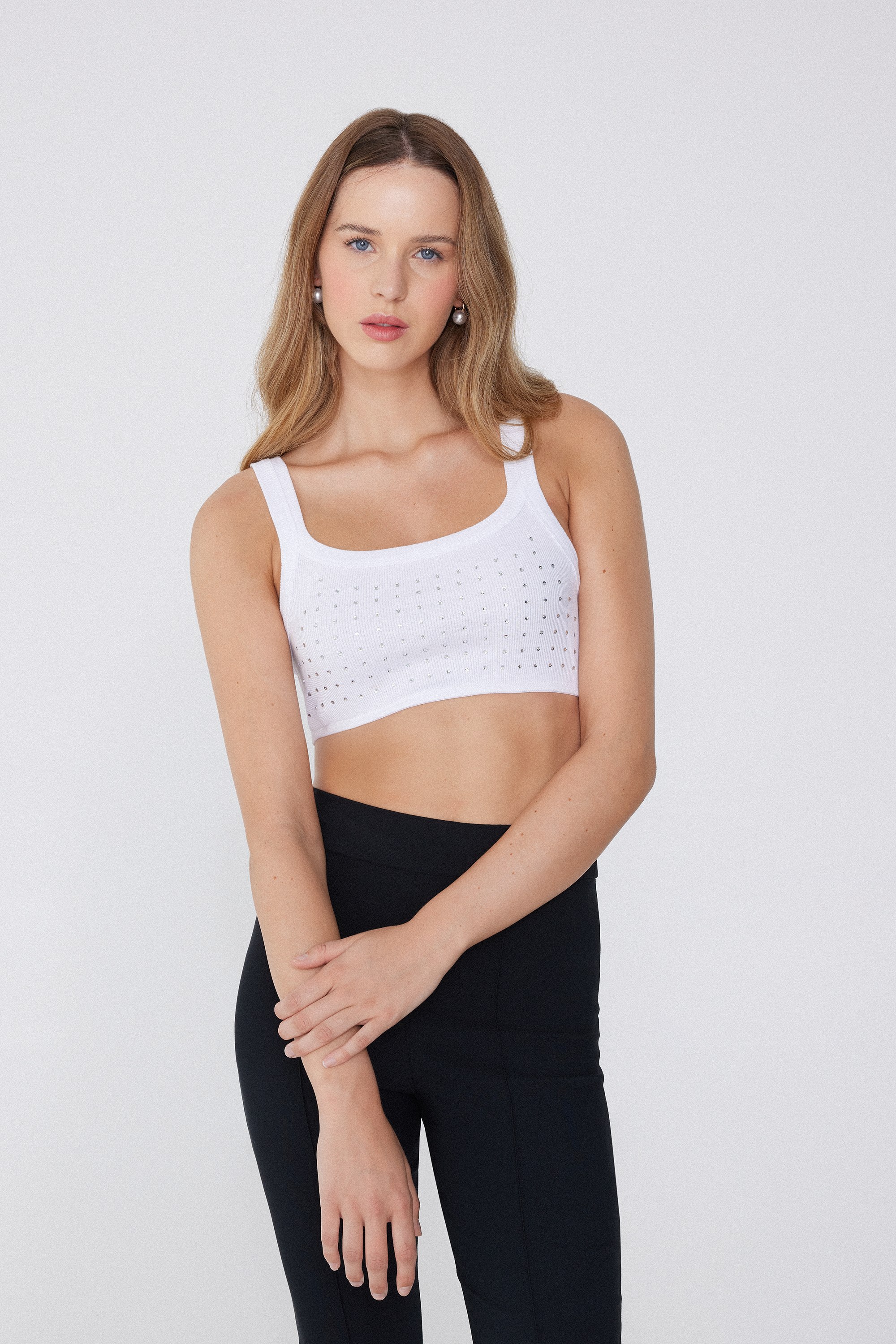 Kurzes geripptes Bustier-Top mit Strass