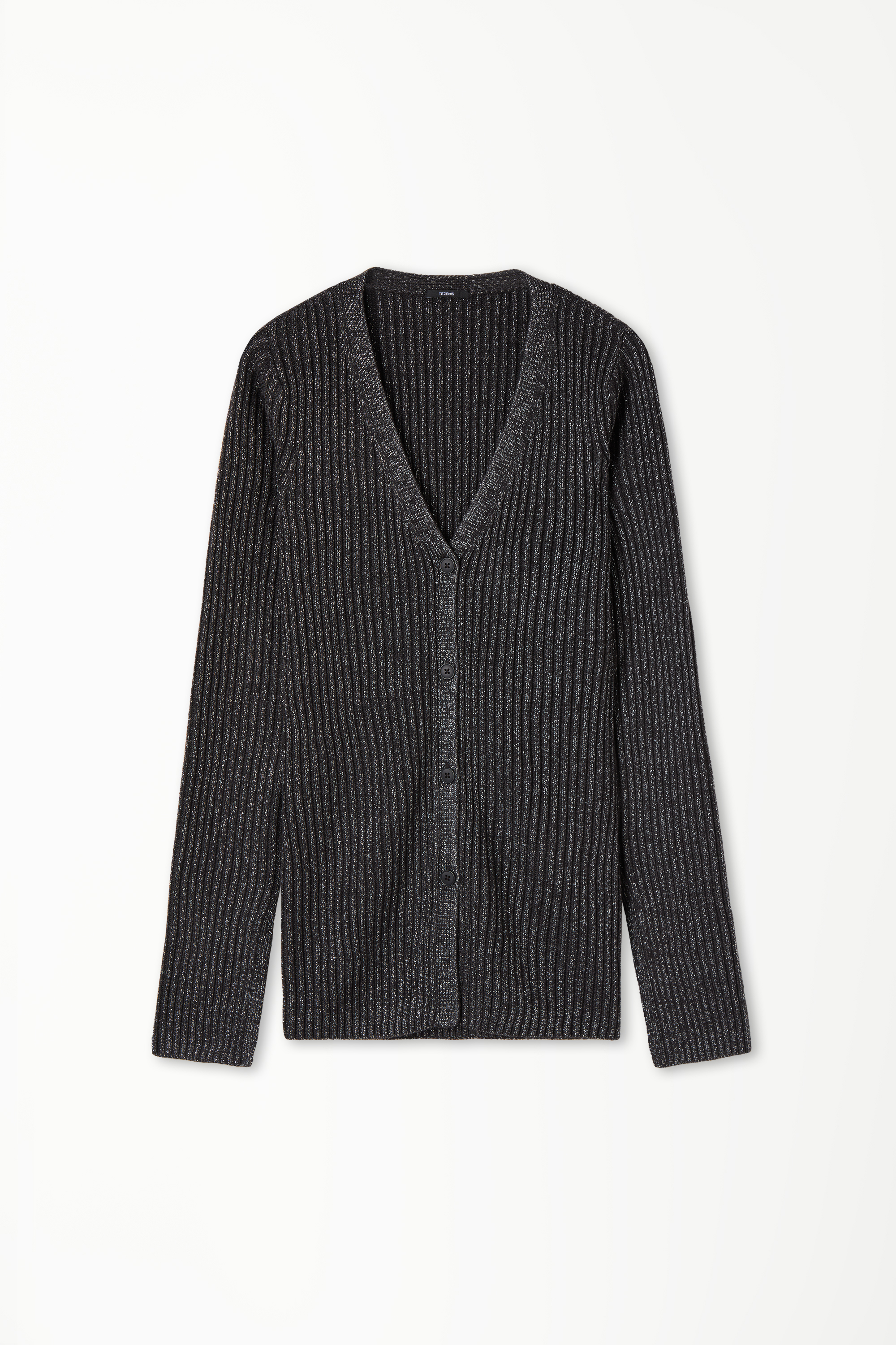 Long-Sleeved Laminated Ribbed Cardigan with Buttons