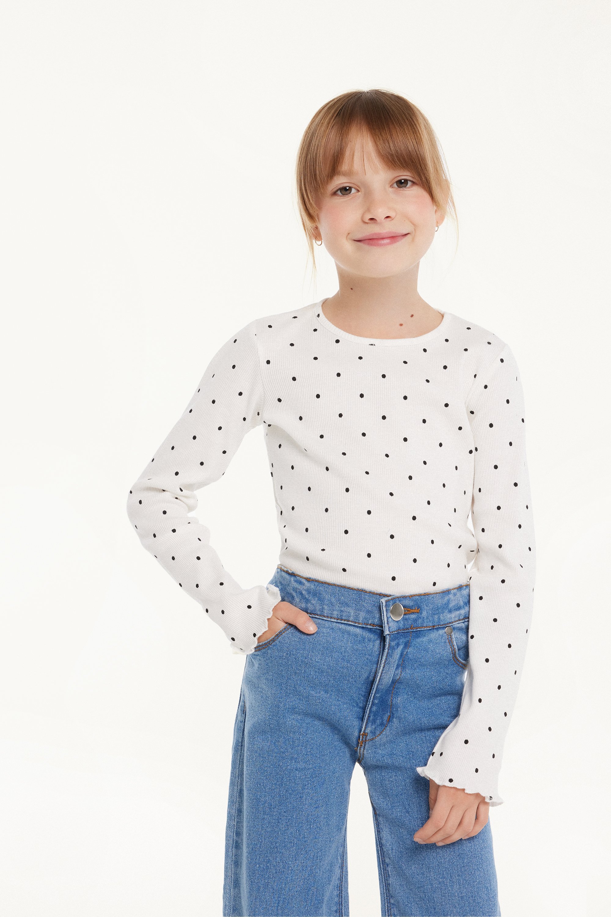 Girls’ Long Sleeve Ribbed Top with Print