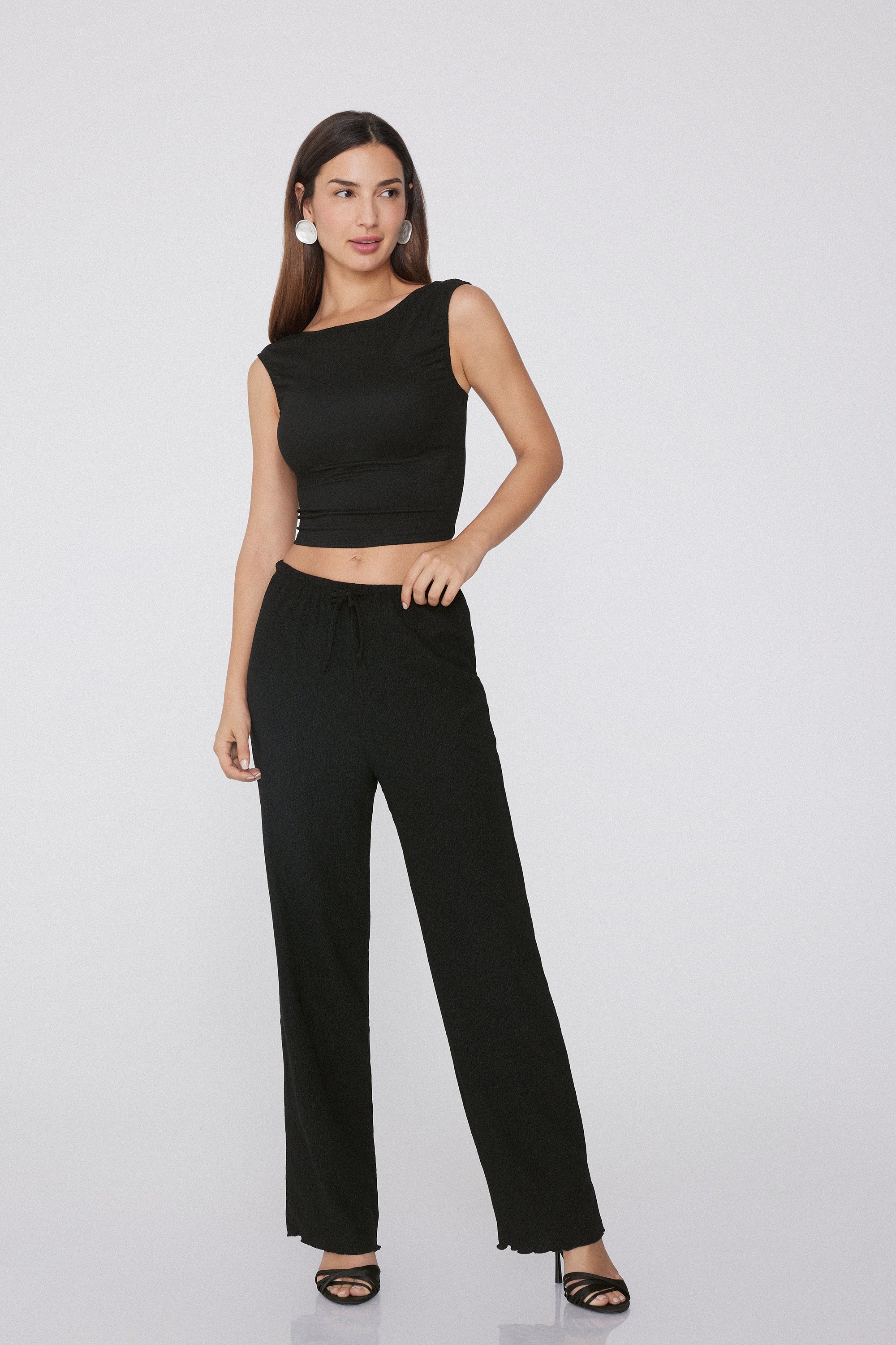 Pantalon Palazzo Effet Crêpe Cordon de Serrage