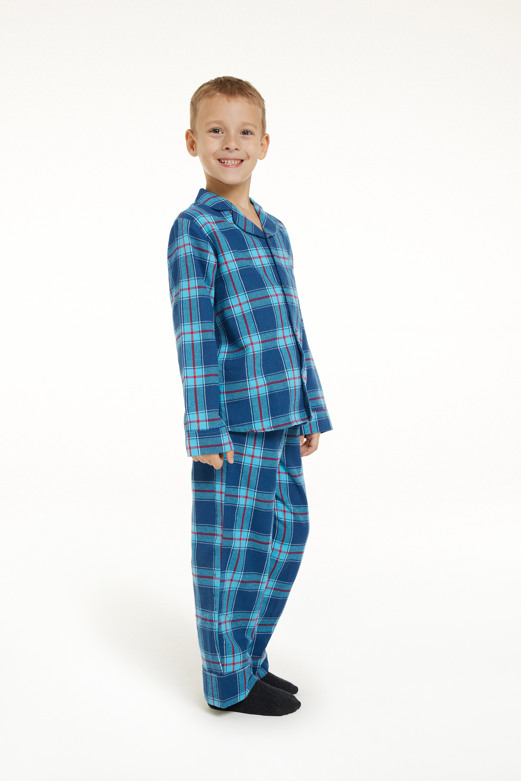 Langer Flanellpyjama mit durchgeknöpftem Oberteil für Jungen