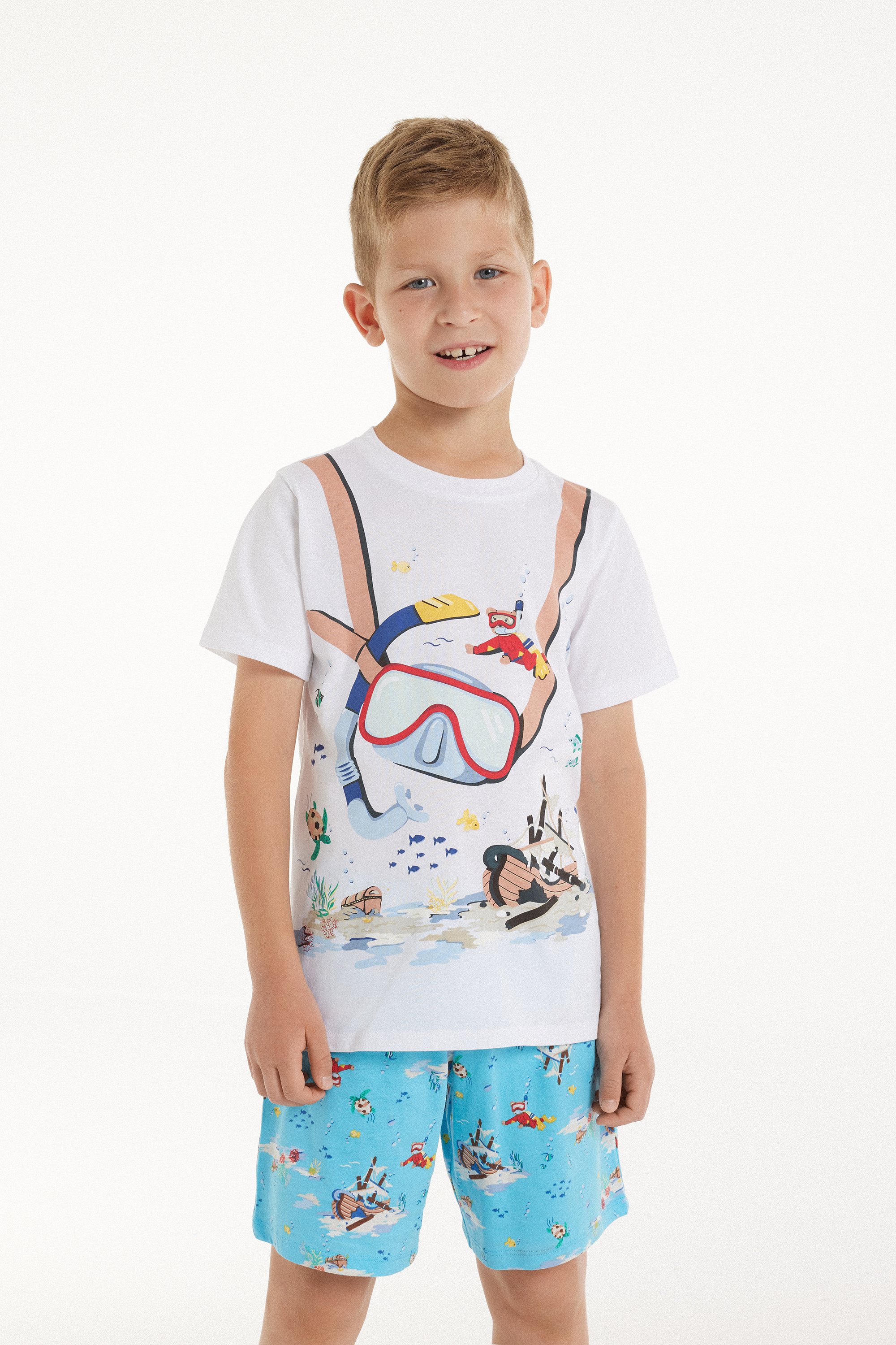 Короткая Хлопковая Пижама с Короткими Рукавами и Принтом «Сноркелинг» для Мальчиков