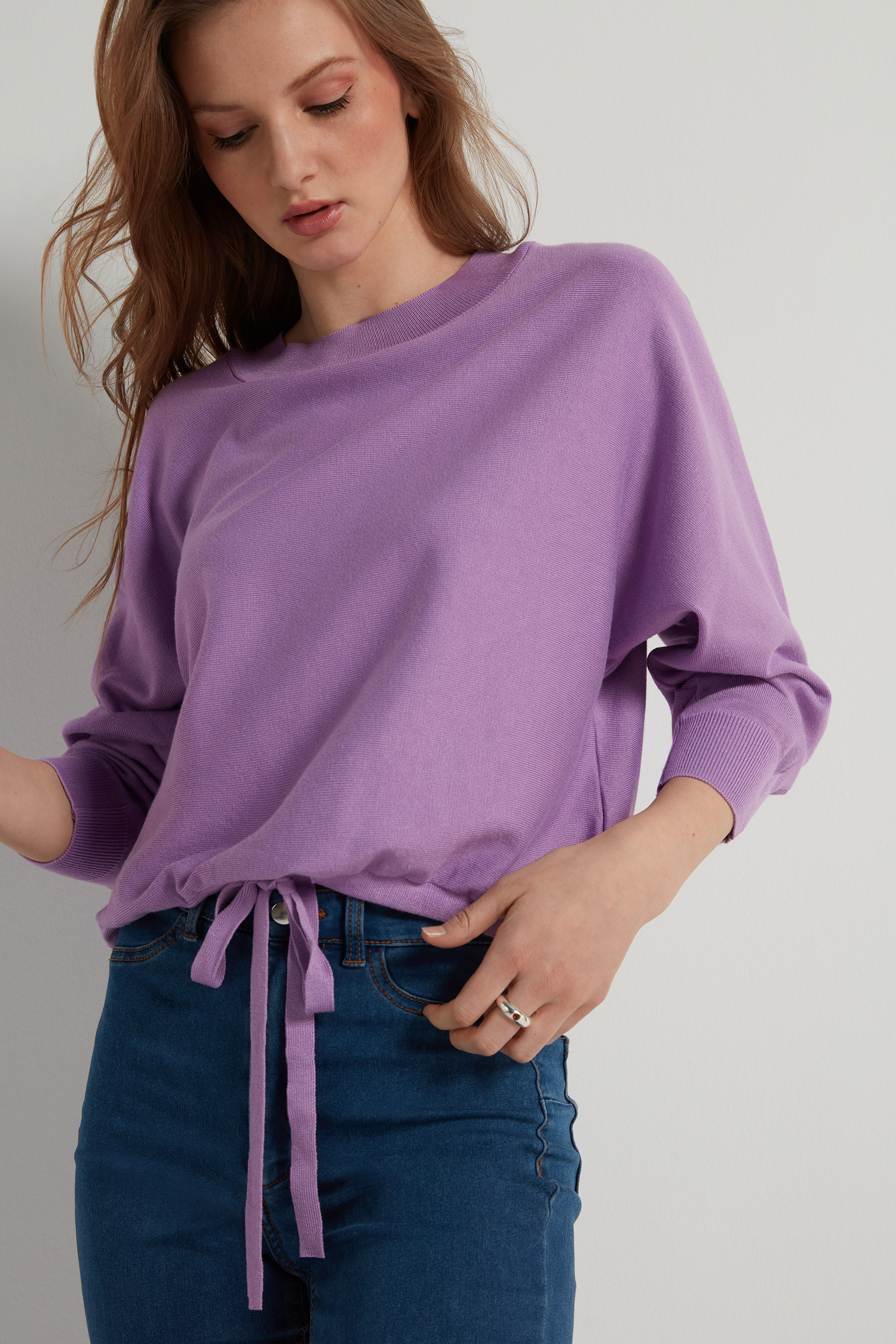 Cropped Batwing Sleeve Jumper with Drawstring