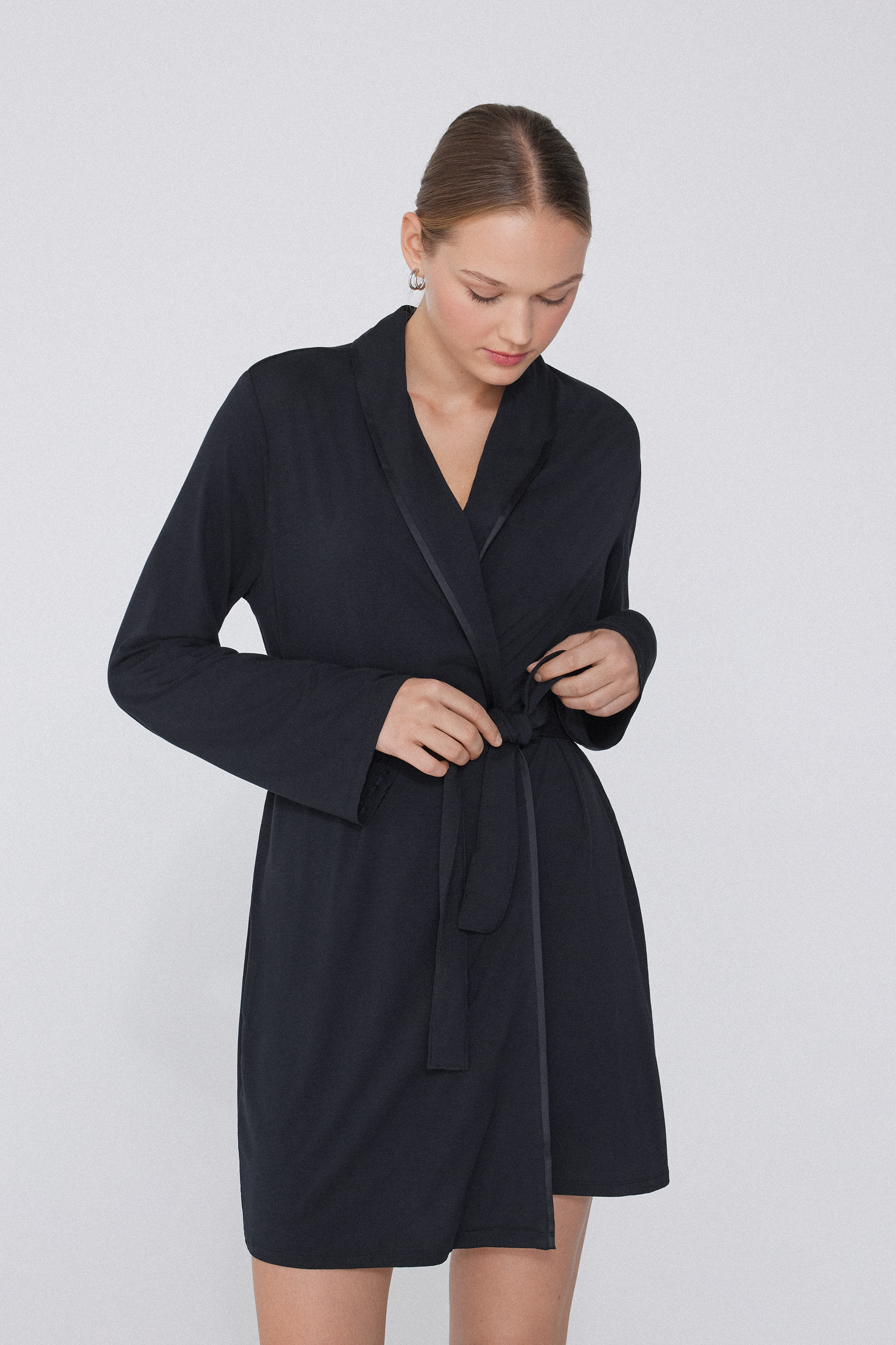 Long-Sleeved Viscose Nightgown with Satin Trim