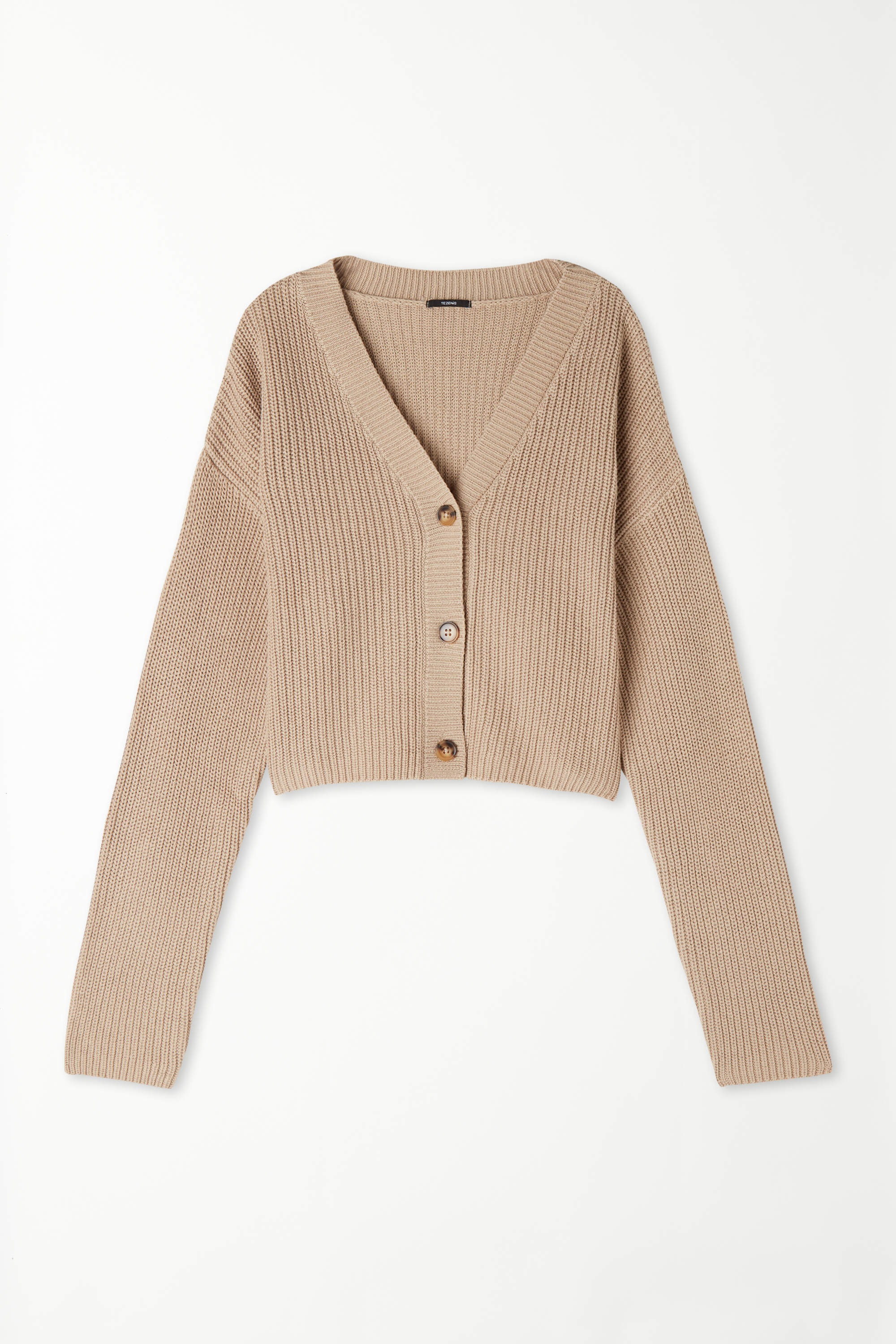 Short Ribbed Cardigan with Long Sleeves and Buttons