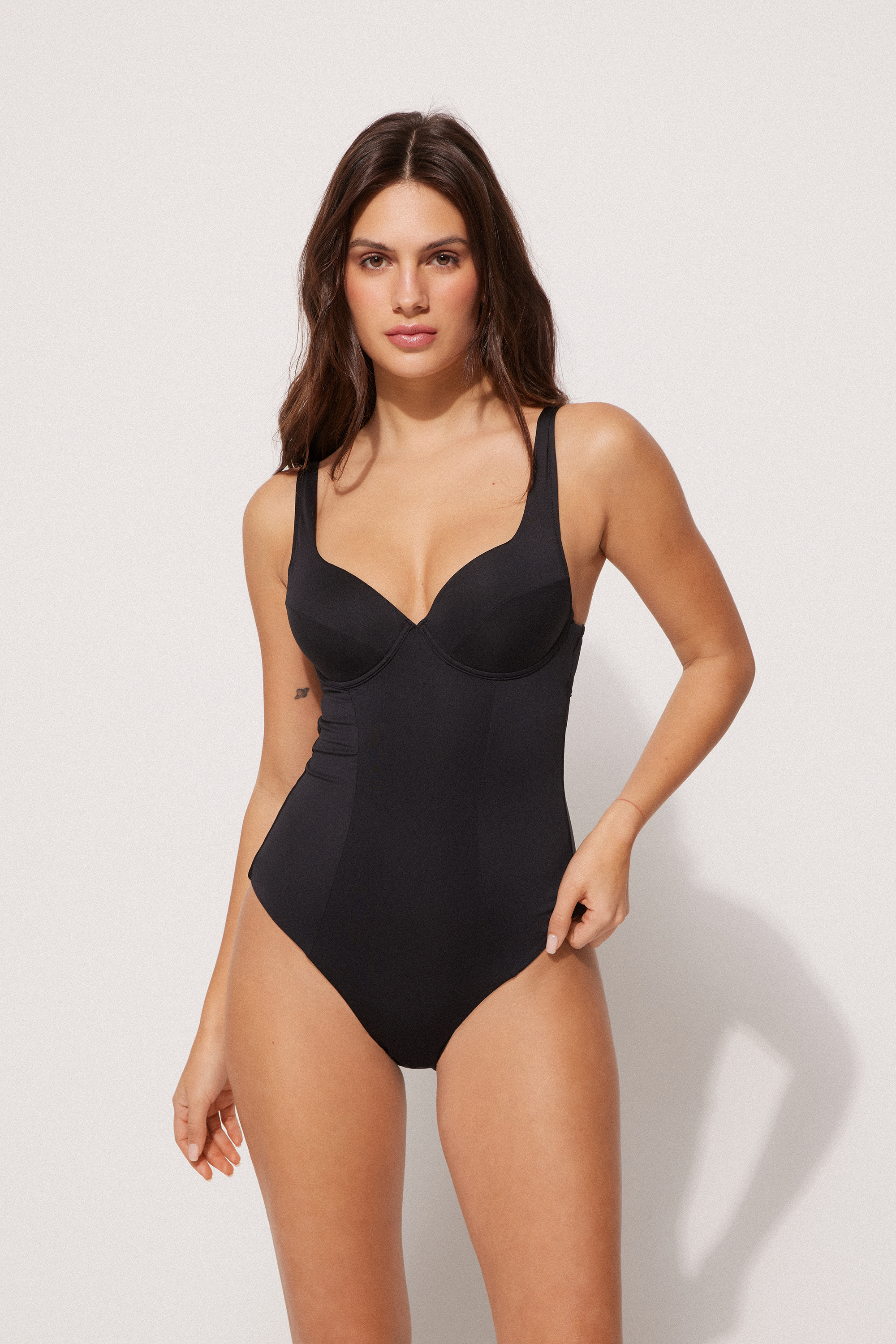 Maillot de Bain 1 Pièce Femme Bandeau Noir Motif Doré - Tailles 36 à 46