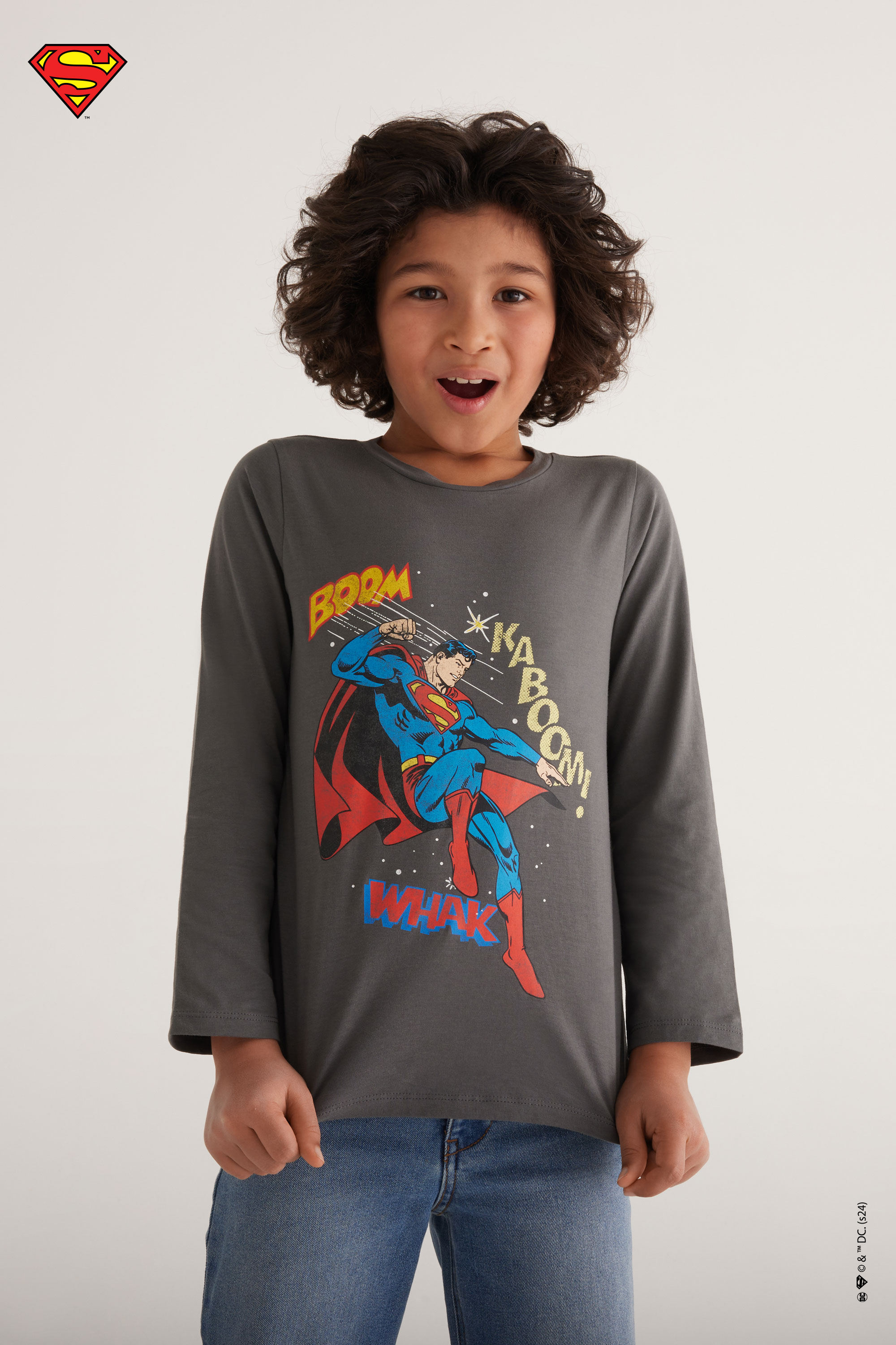 Boys’ Long-Sleeved Rounded-Neck Jersey with Superman Print