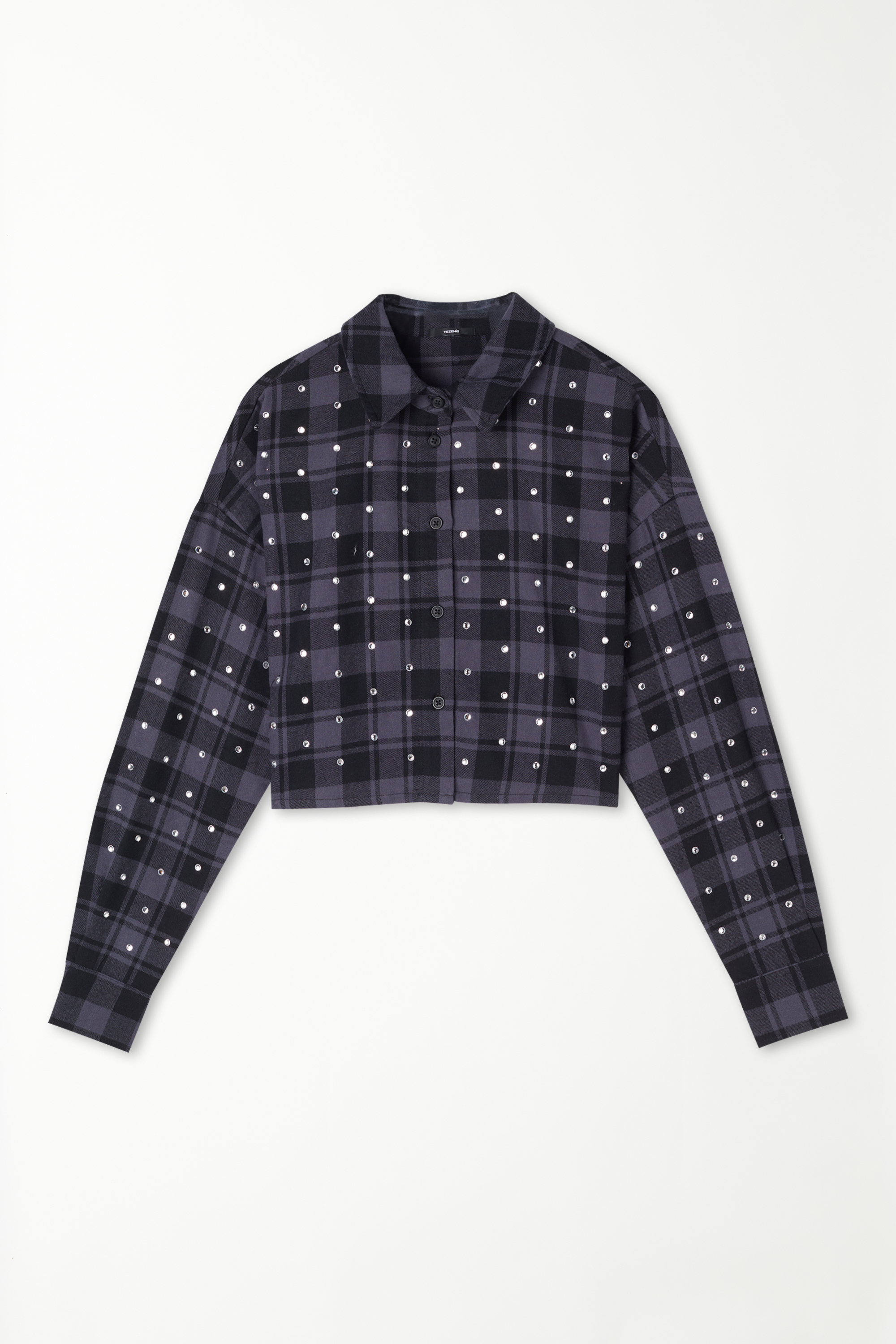 Long Sleeve Cropped Flannel Shirt with Rhinestones