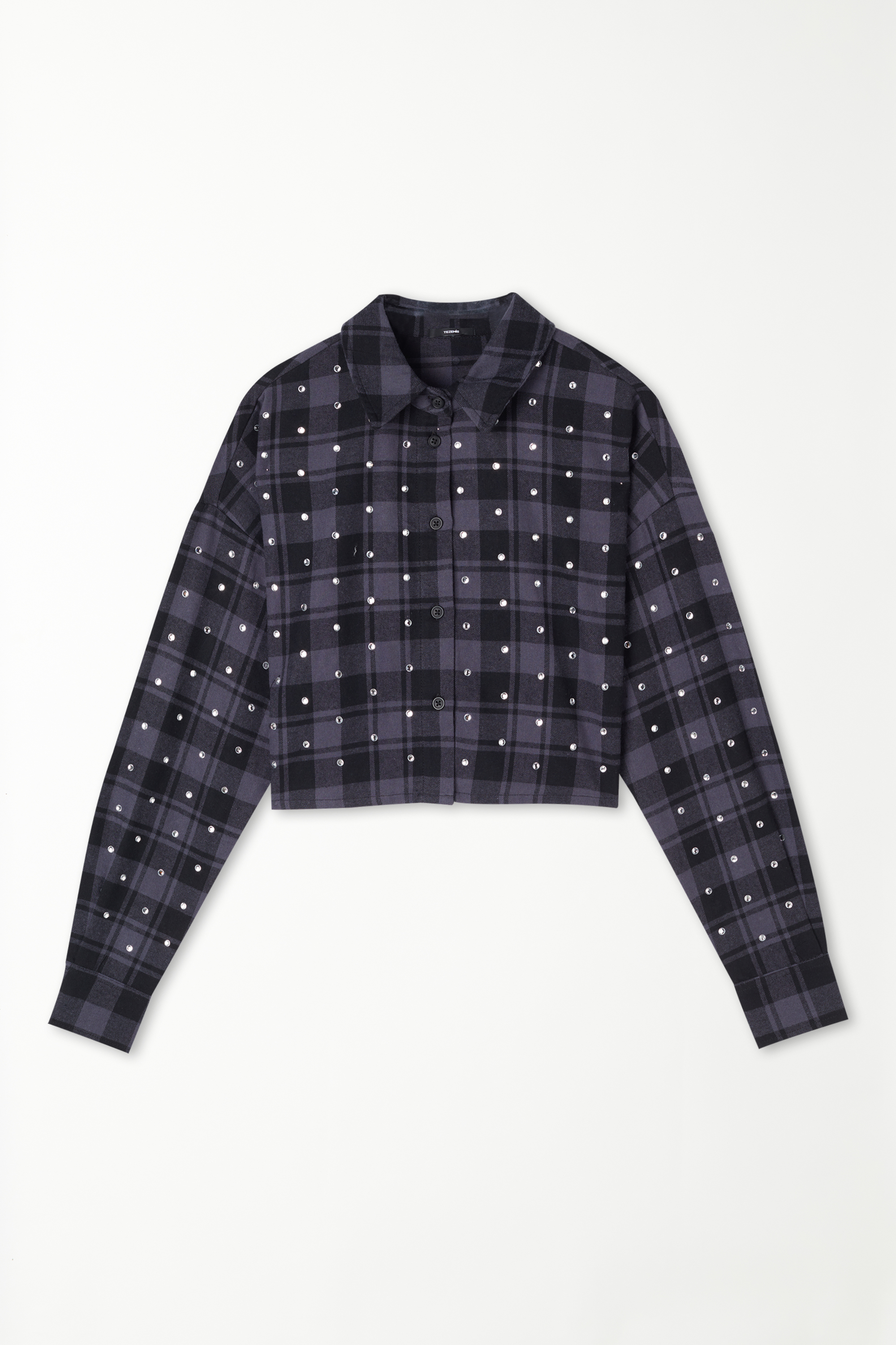 Long-Sleeved Short Flannel Shirt with Rhinestones