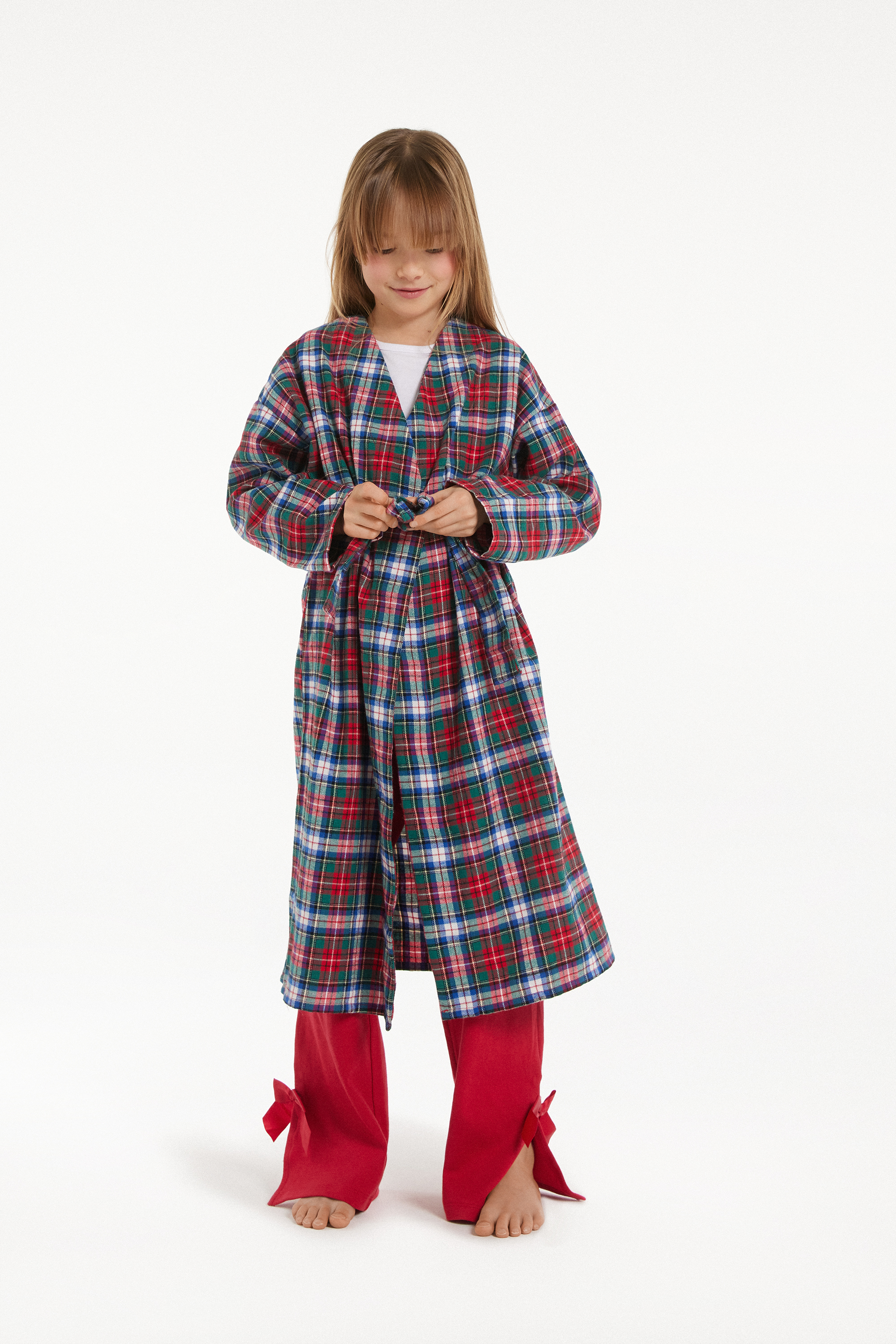 Children's Unisex Long Dressing Gown in Tartan Print Flannel
