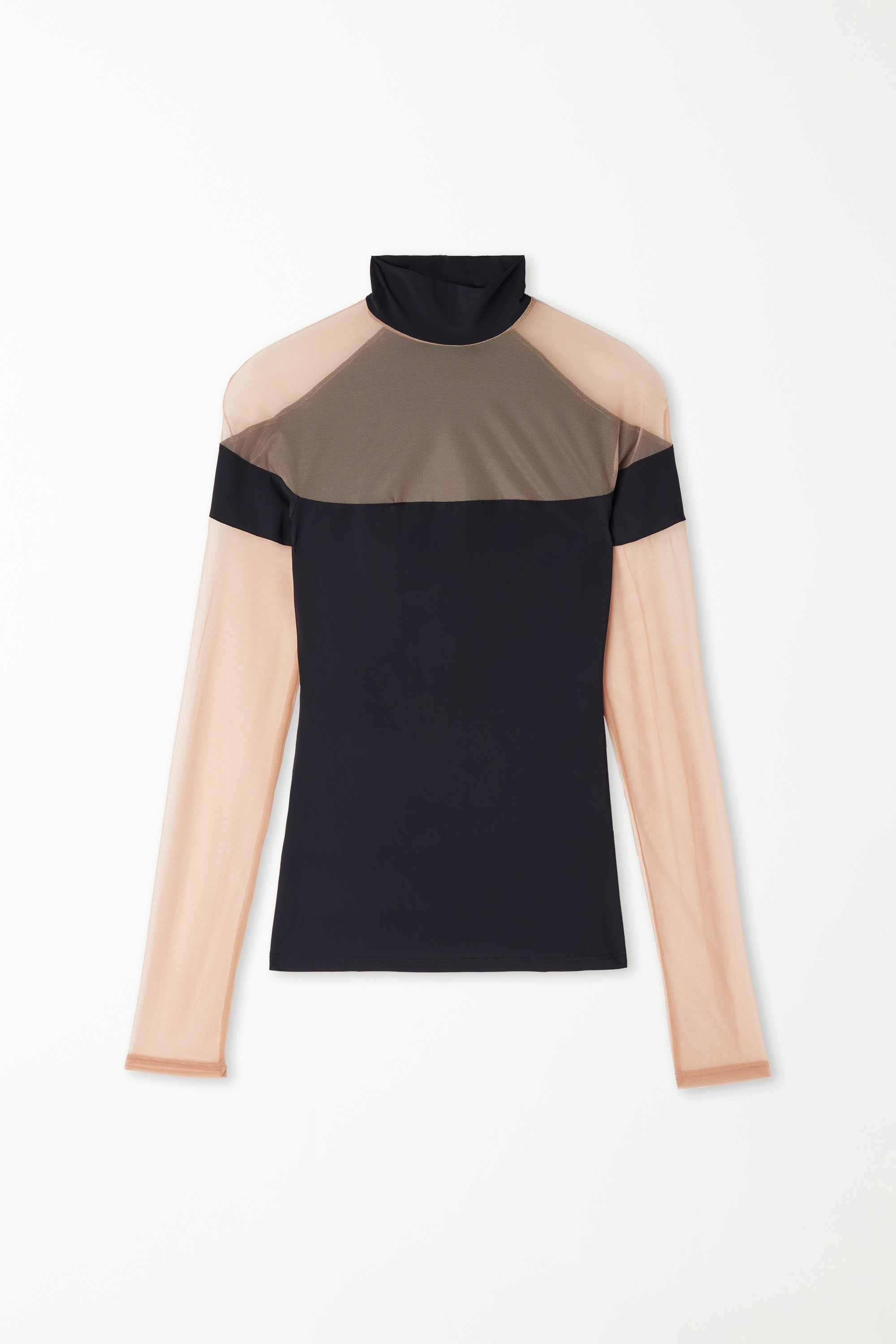 Two-Tone Tulle and Microfibre Long Sleeve Top