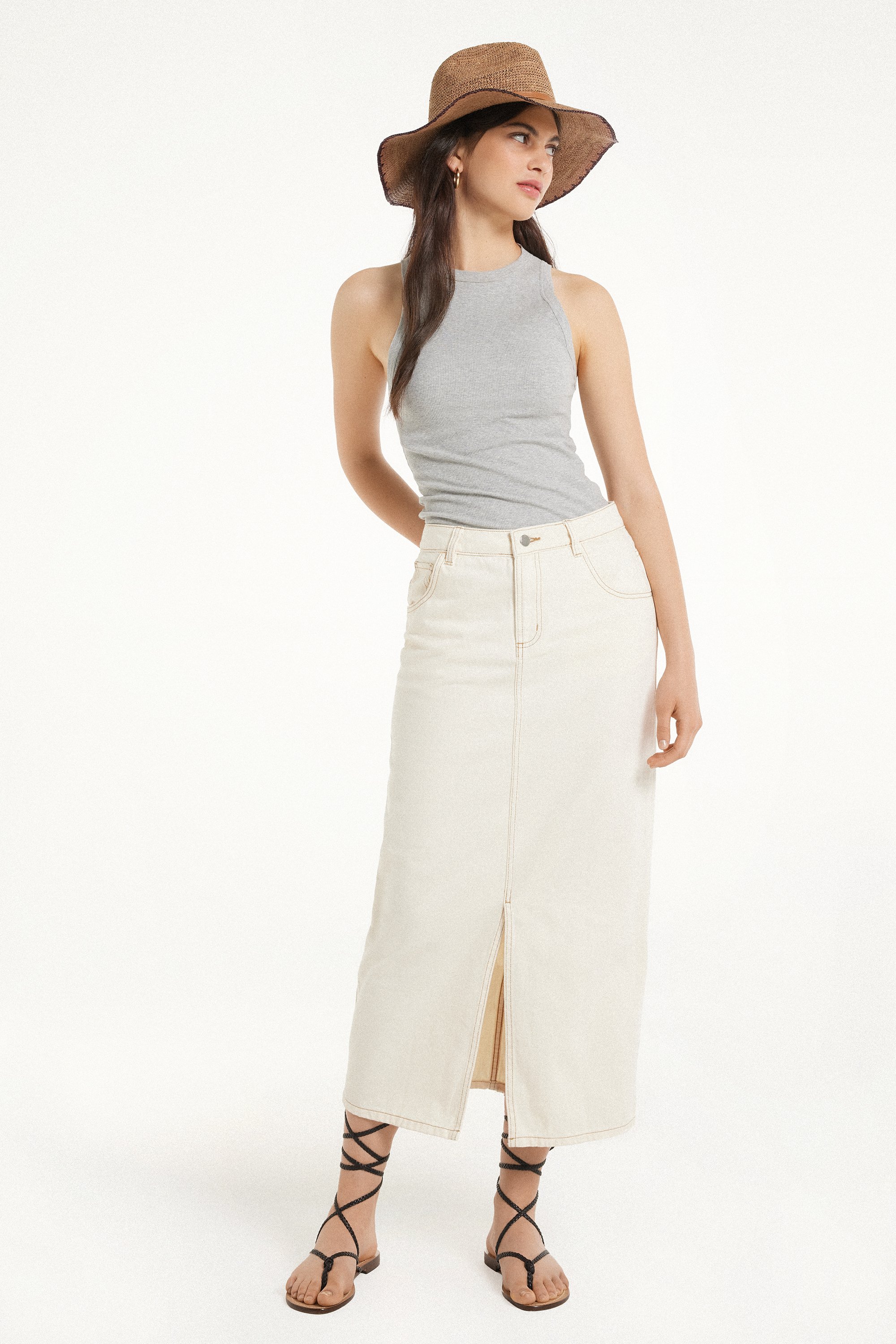 High-Waist Denim Midi Skirt with Slit