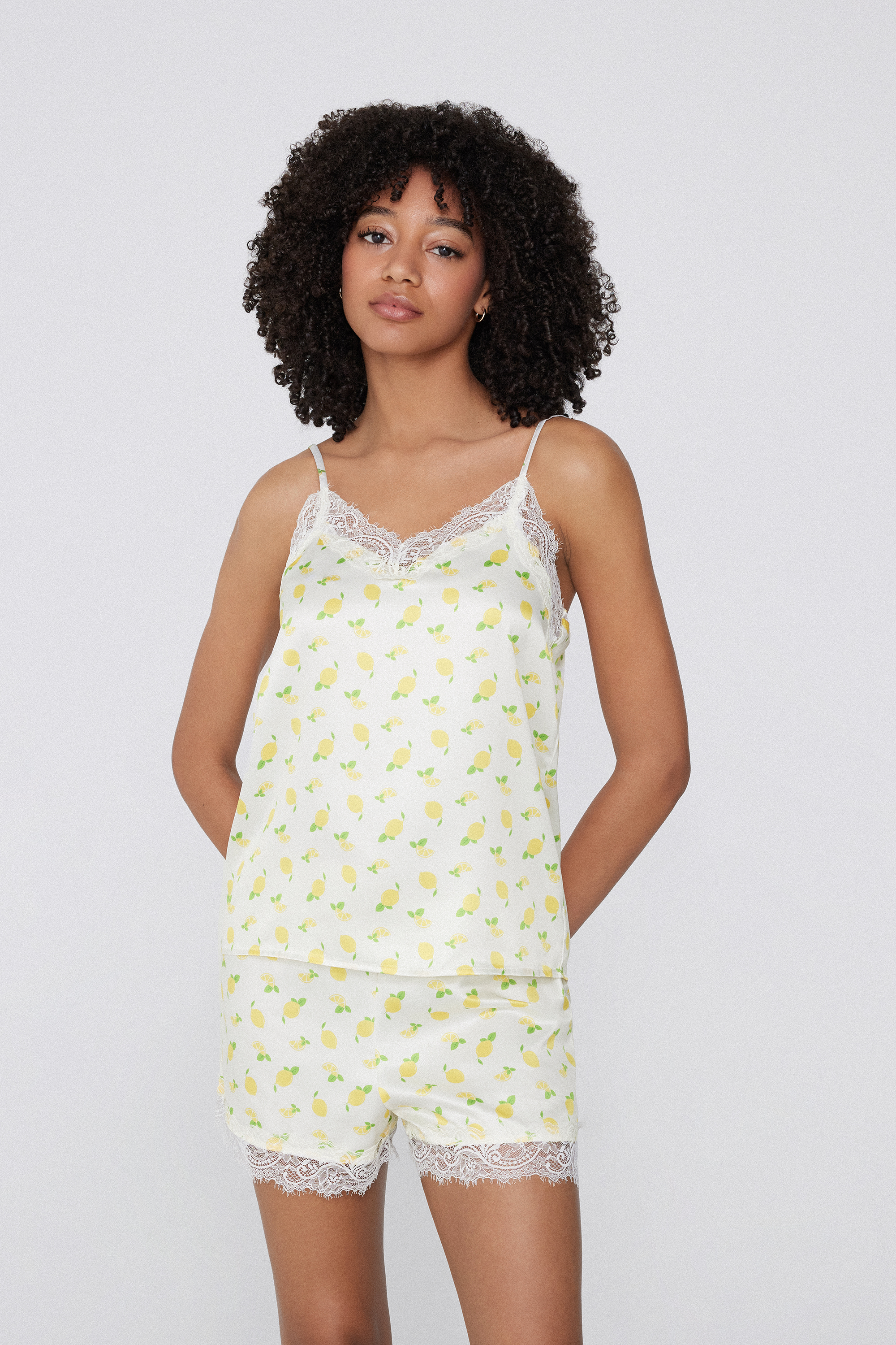 Printed Satin and Lace Spaghetti Strap Tank Top