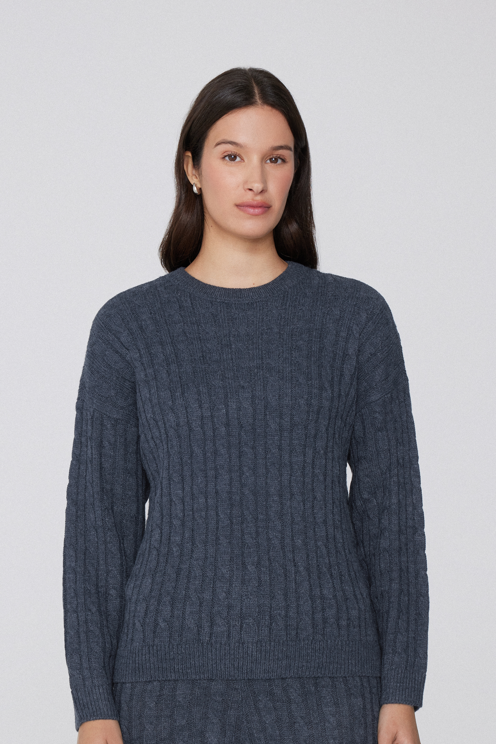 Camisola Manga Comprida Decote Redondo Entrançada