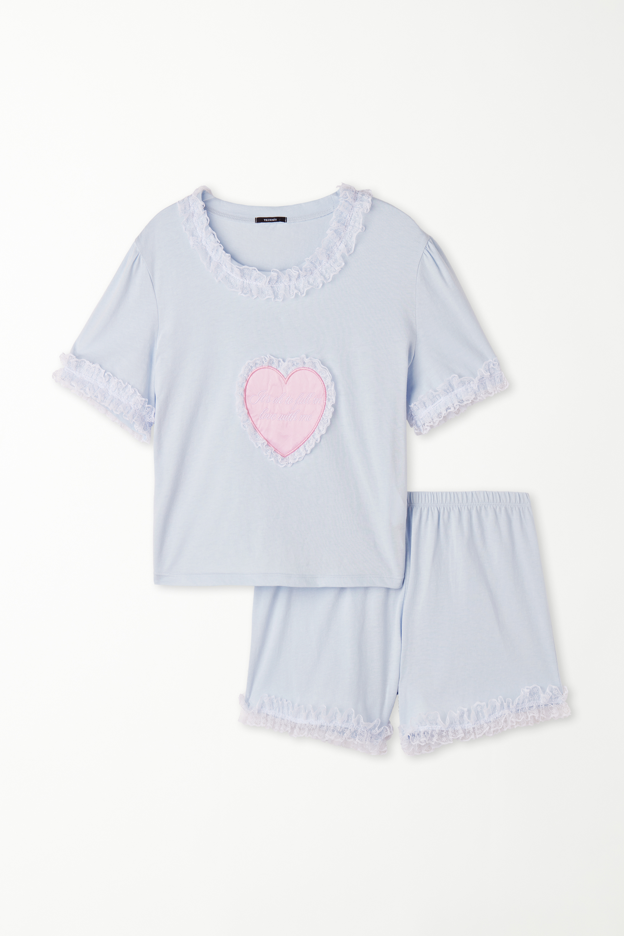 Kurzer Pyjama mit halblangem Arm aus Baumwolle und Spitze „Fall in Love“