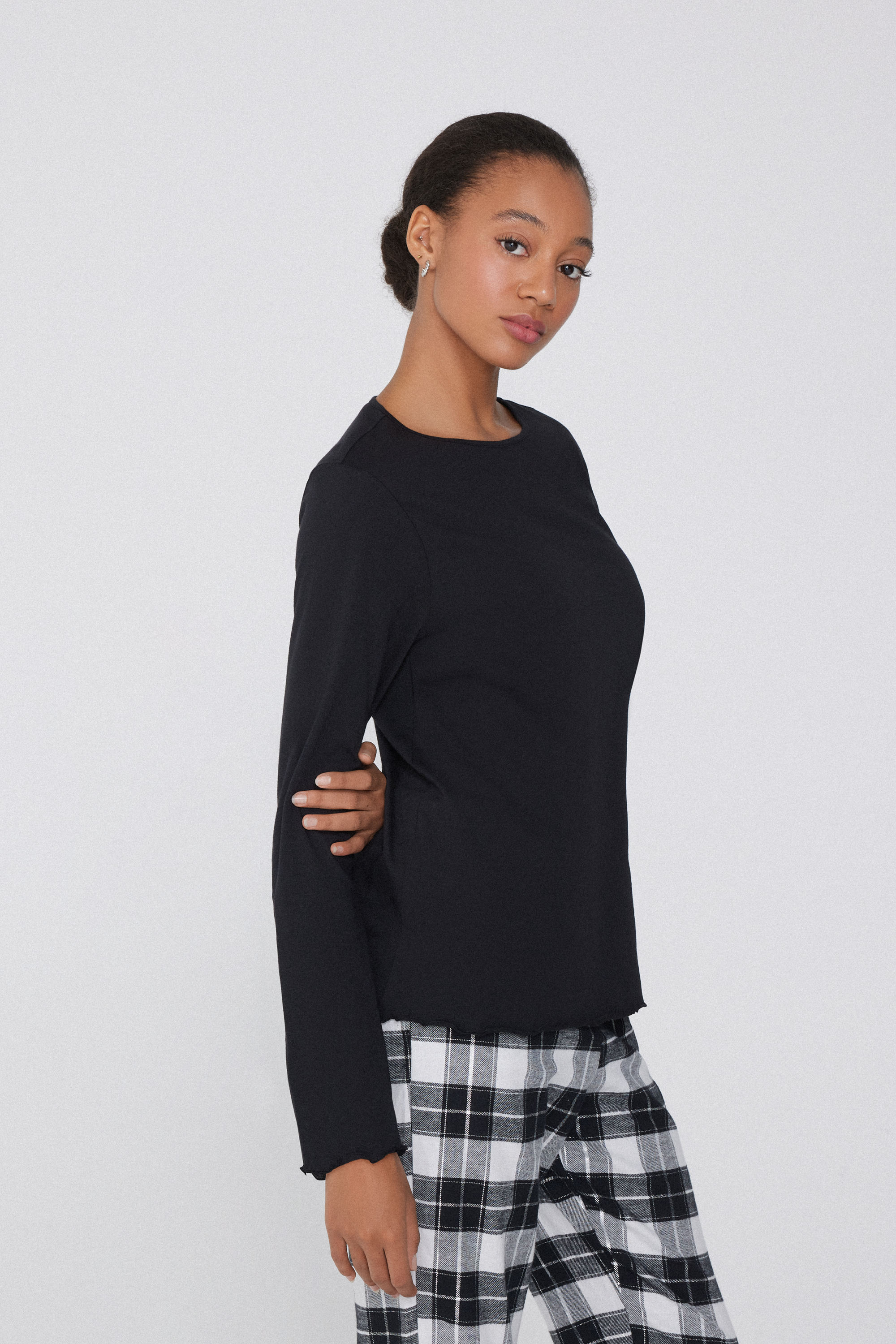 Long Sleeve Cotton Top with Rolled Hem