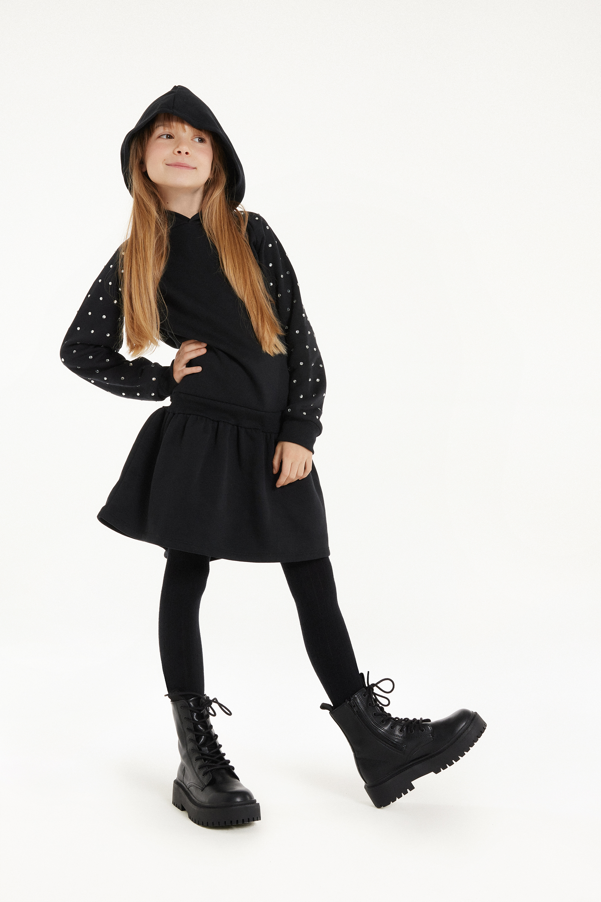 Long-Sleeved Fleece Dress with Rhinestones
