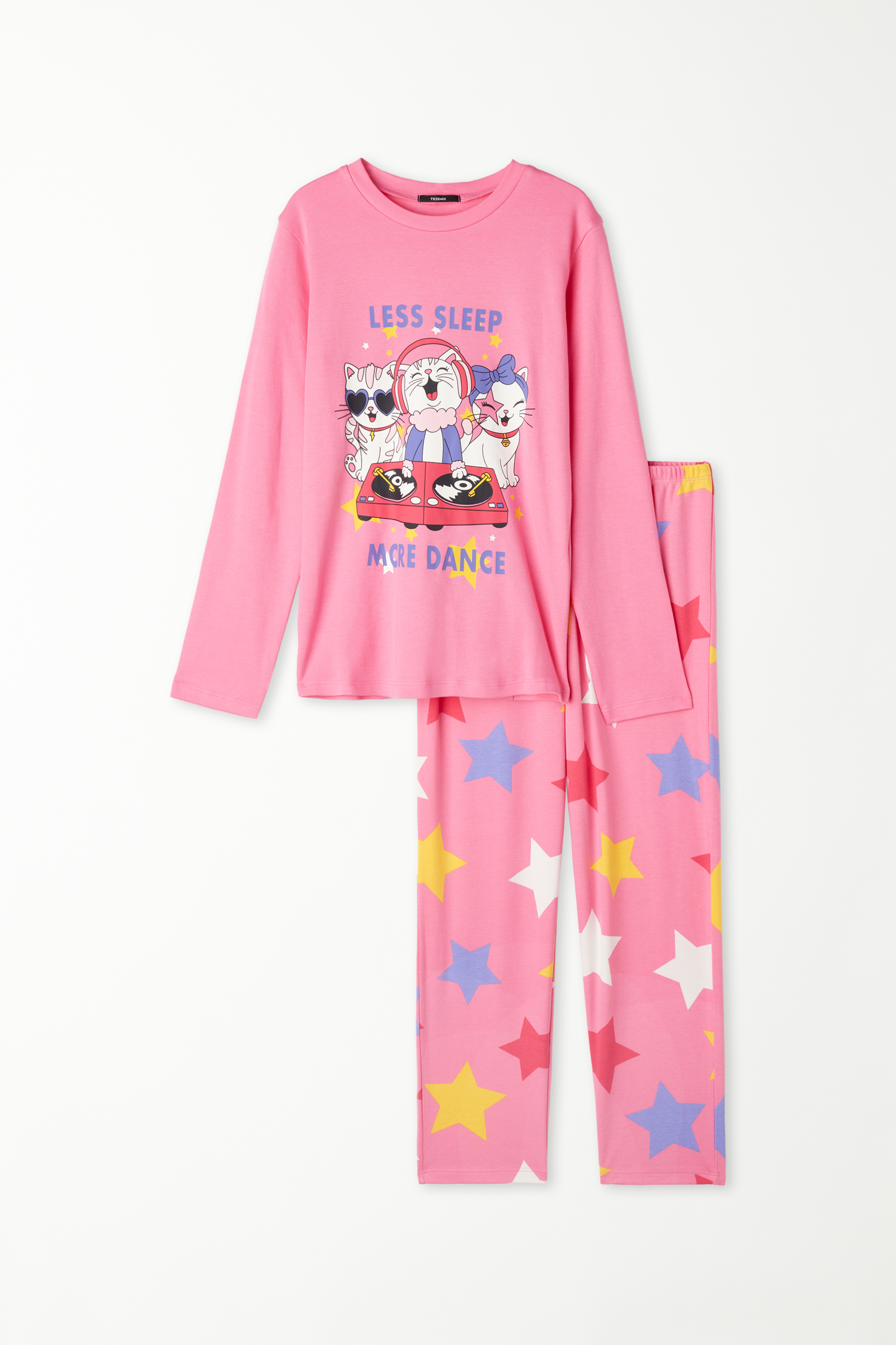 Girls’ Long Cotton Cat Print Pyjamas