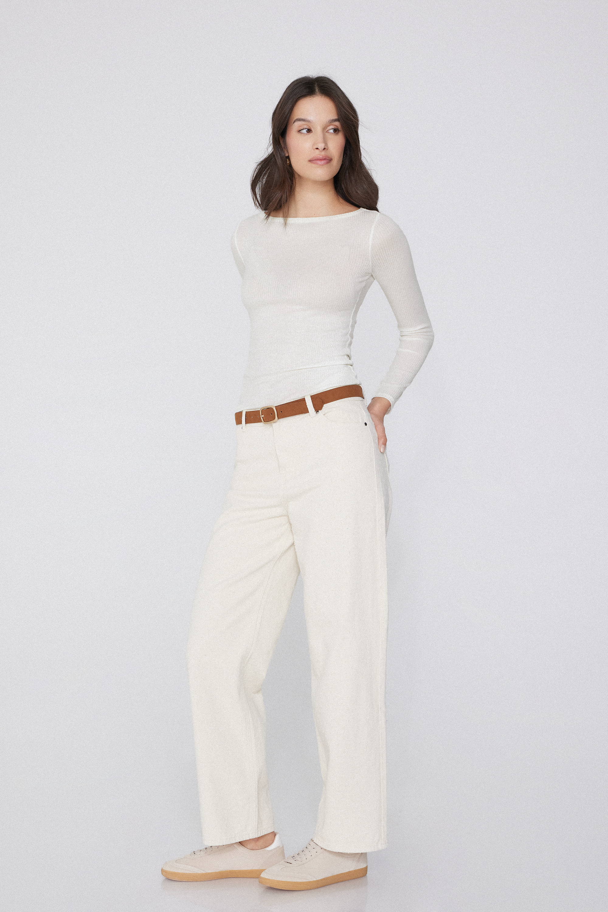 Long-Sleeved Ribbed Boat-Neck Top