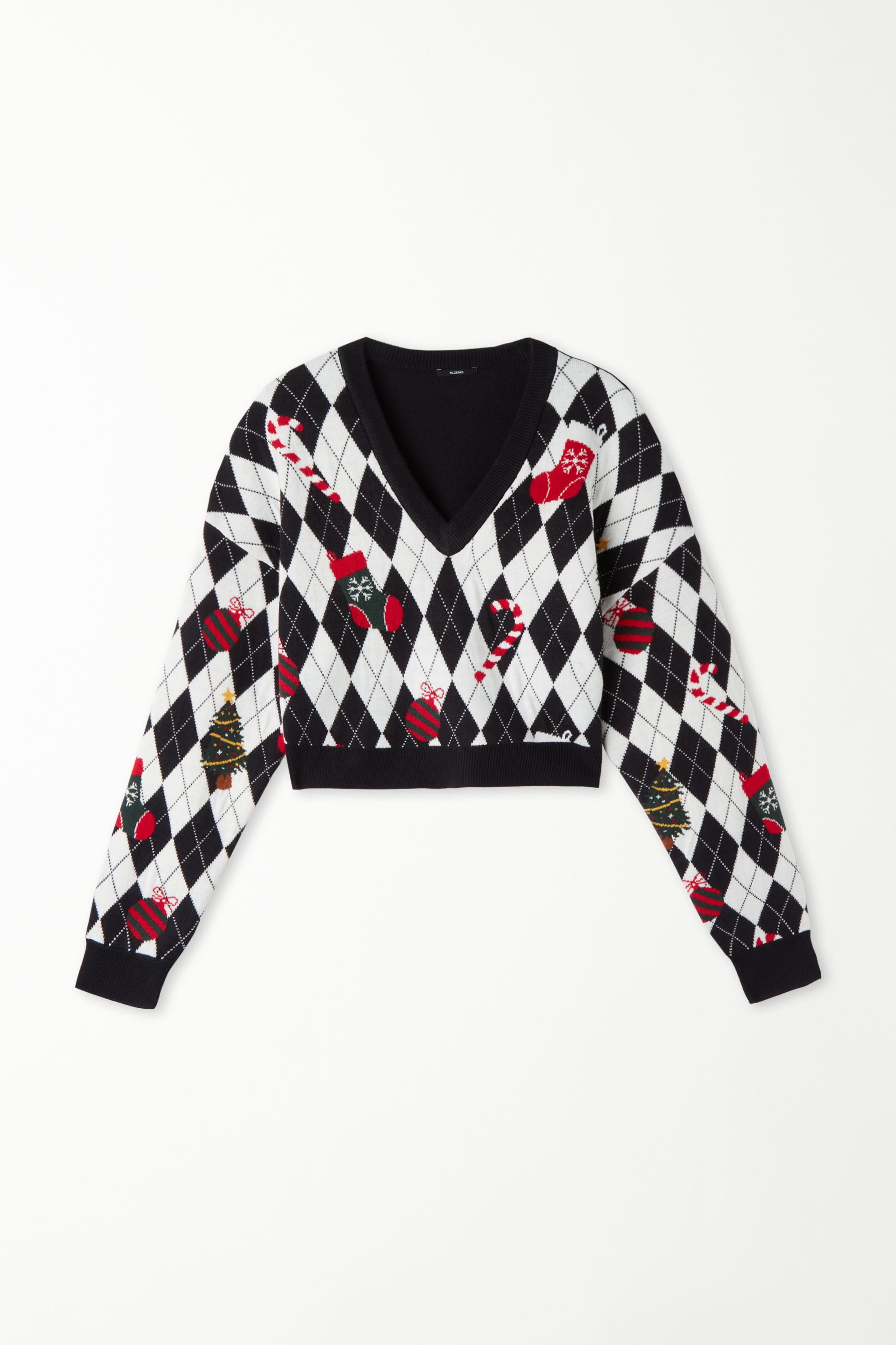 Long-Sleeved V-Neck Cropped Christmas Print Sweater