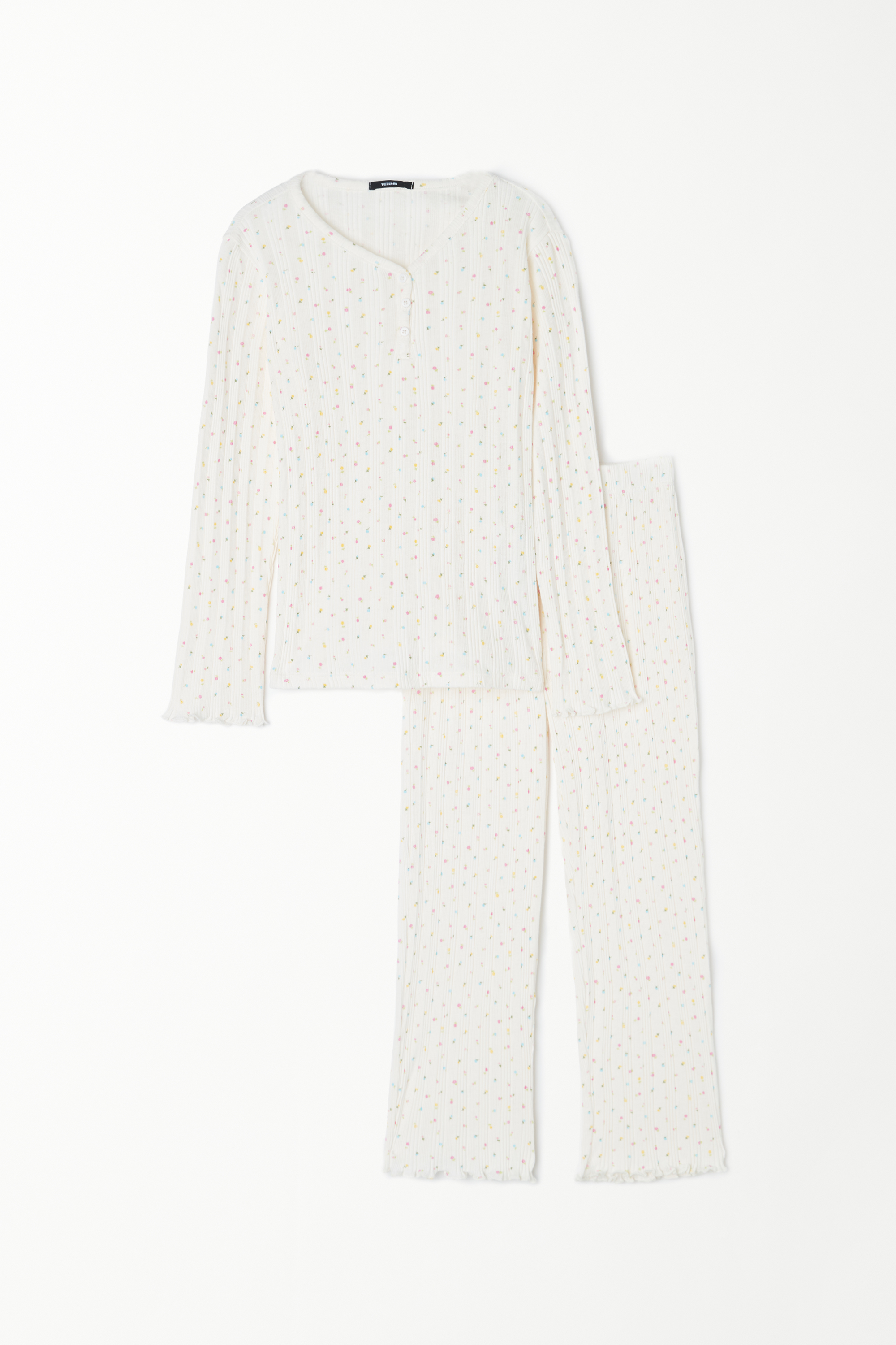 Girls’ Long Ribbed Cotton Pyjamas with Small Flower Print