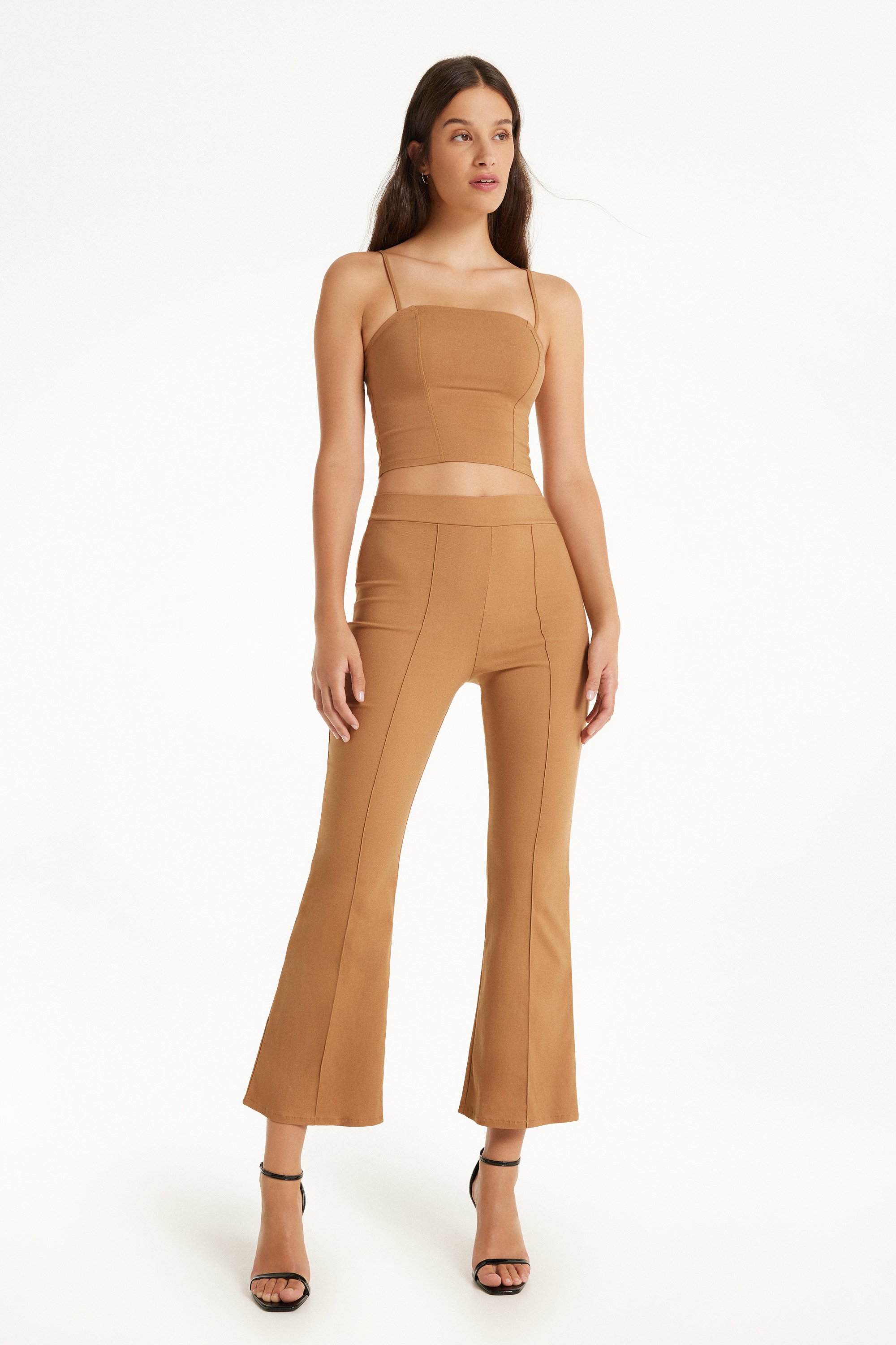 Cropped Flared Trousers in Stretch Canvas