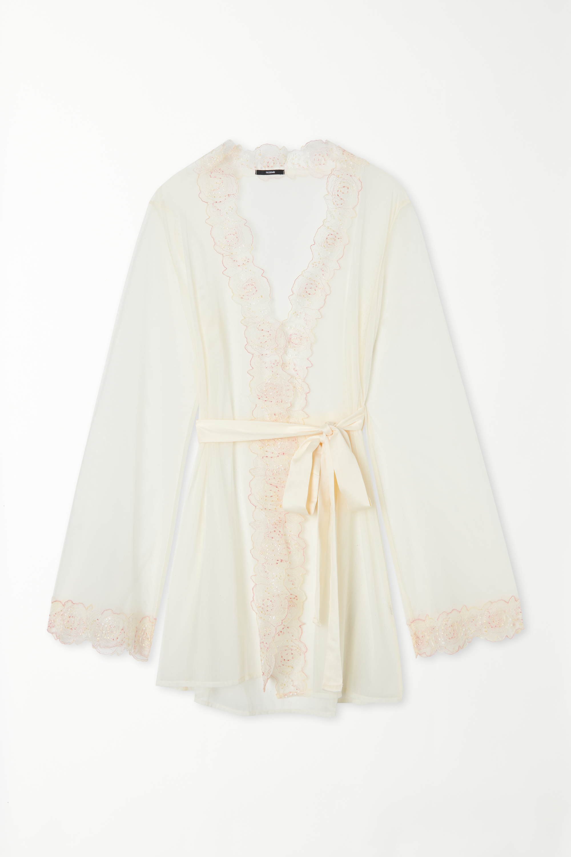Light Roses Long-Sleeved Short Dressing Gown with Sash