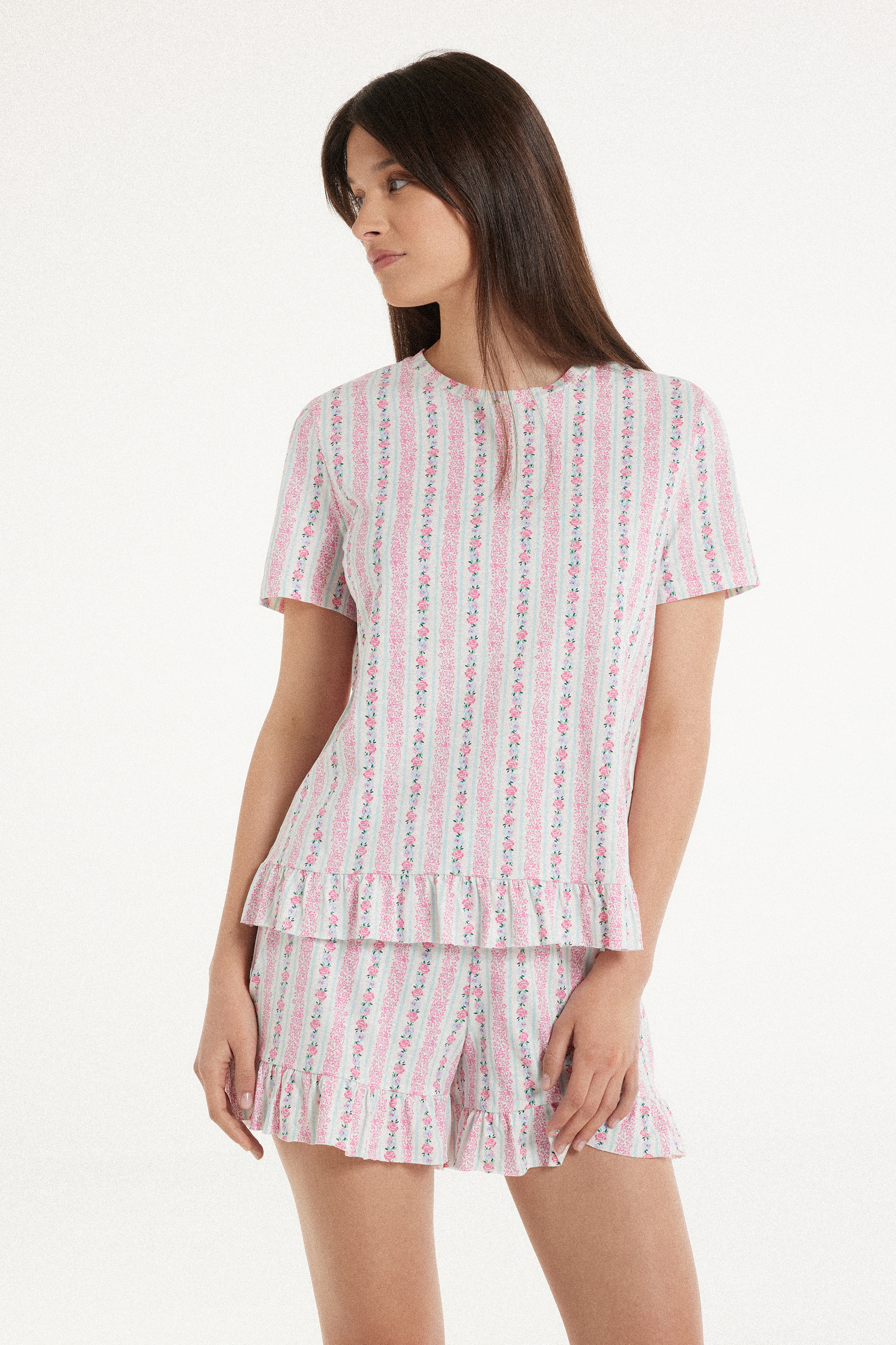 Krátké Pruhované Pyžamo z Bavlny Flowers